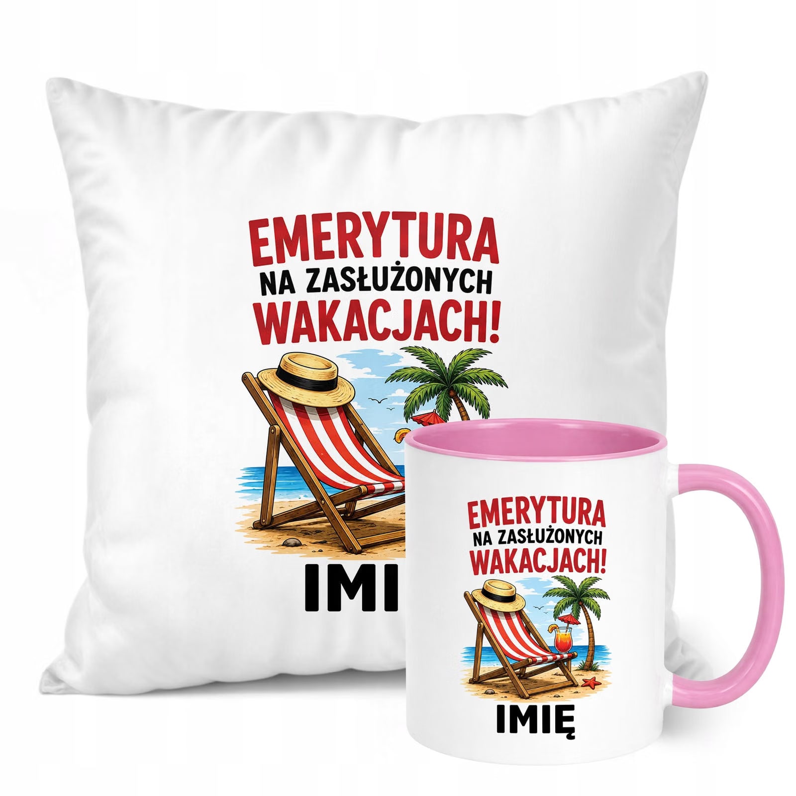 Zestaw Personalizowany Kubek Różowy Poduszka Emerytura Upominek Prezent