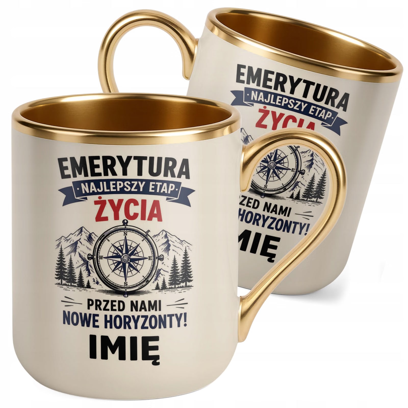Kubek Personalizowany z nadrukiem Premium Złoty Ecru Emerytura Prezent