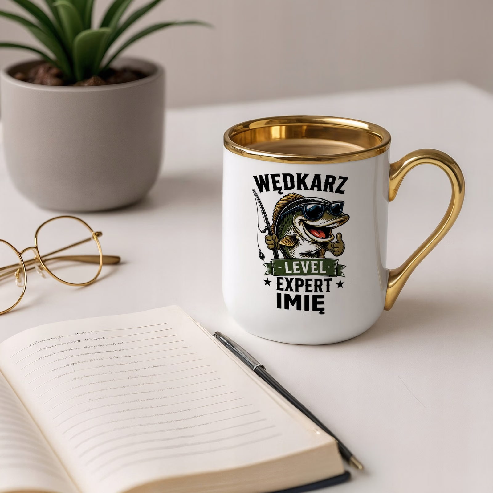 Kubek Personalizowany z nadrukiem Premium Złoty Dla Wędkarza Prezent