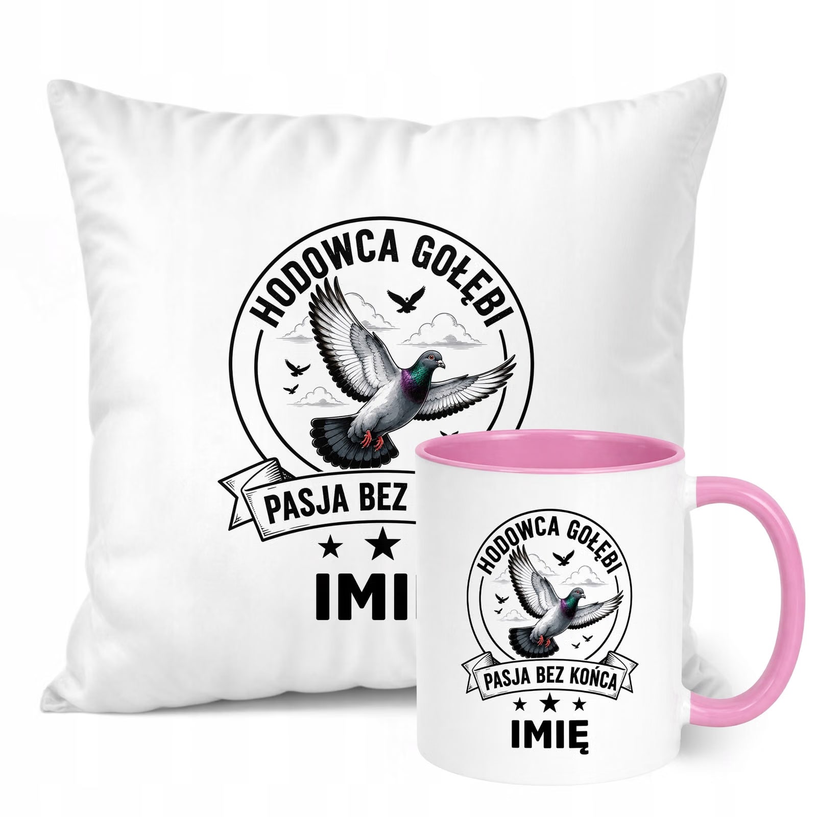 Zestaw Personalizowany Kubek Różowy Poduszka Z Nadrukiem Dla Gołębiarza