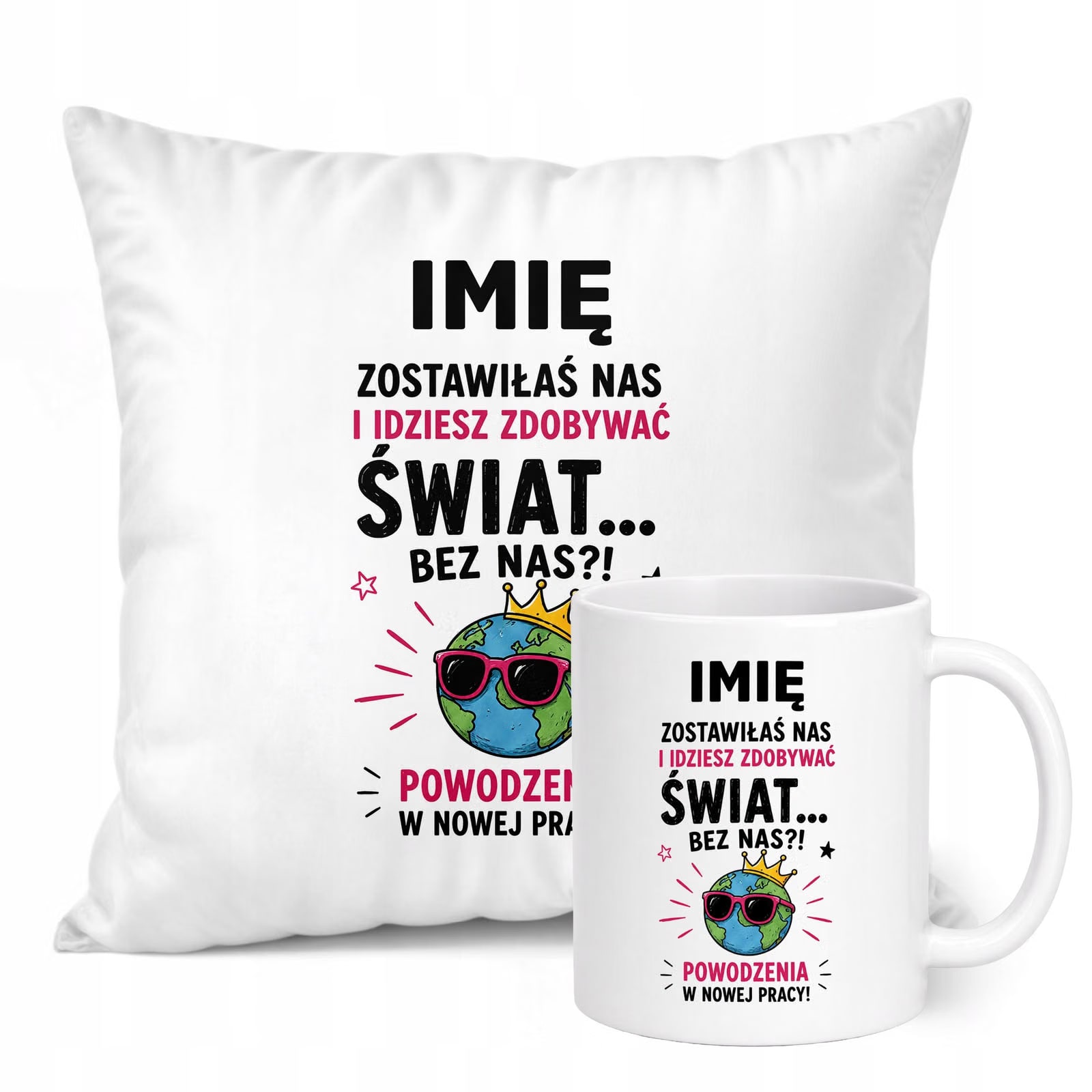 Zestaw Personalizowany Kubek Biały Poduszka Odejście z Pracy Prezent
