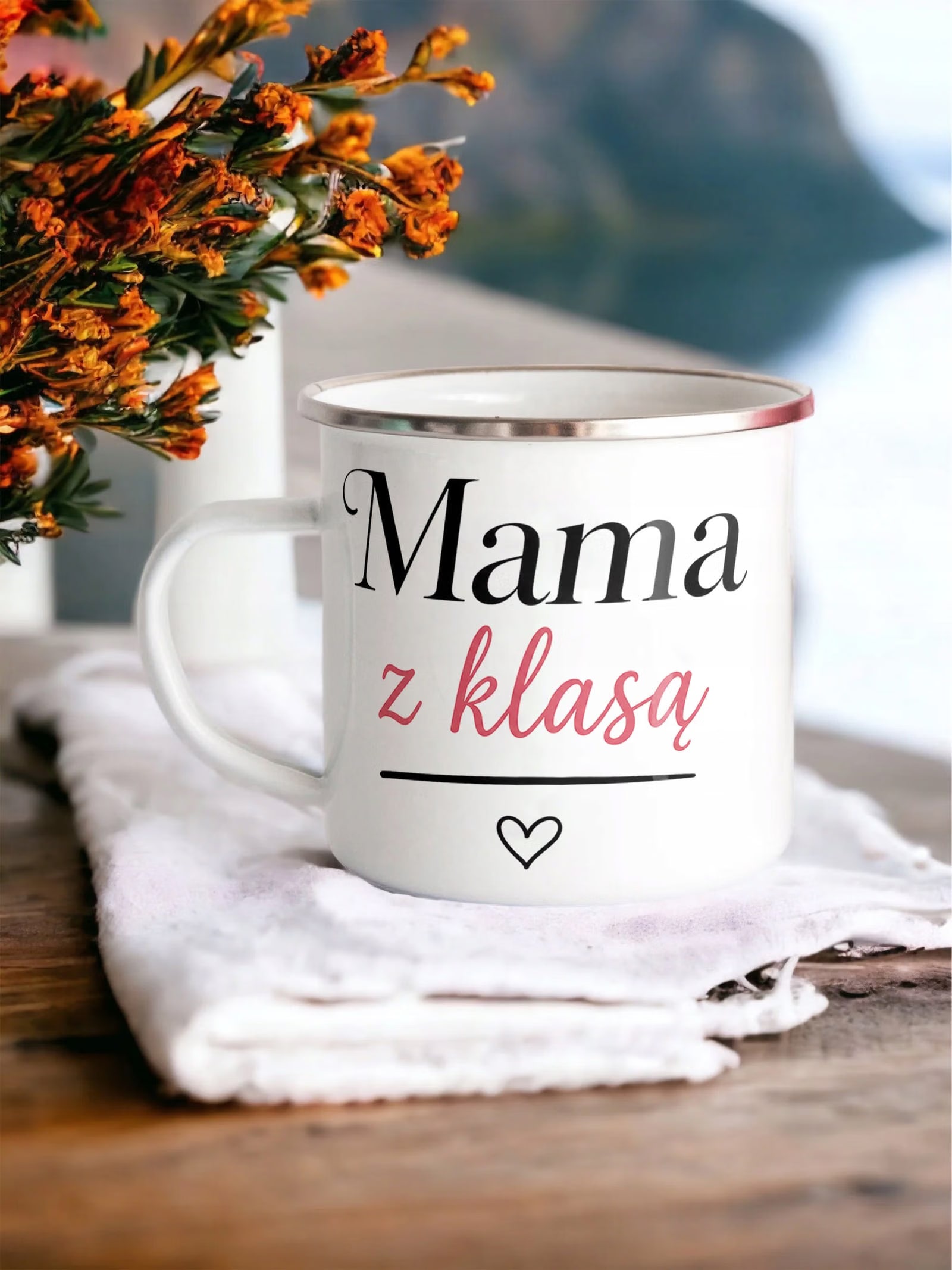 Kubek Emaliowany dla mamy Dzień Matki piękny z Nadrukiem Biały Metalowy