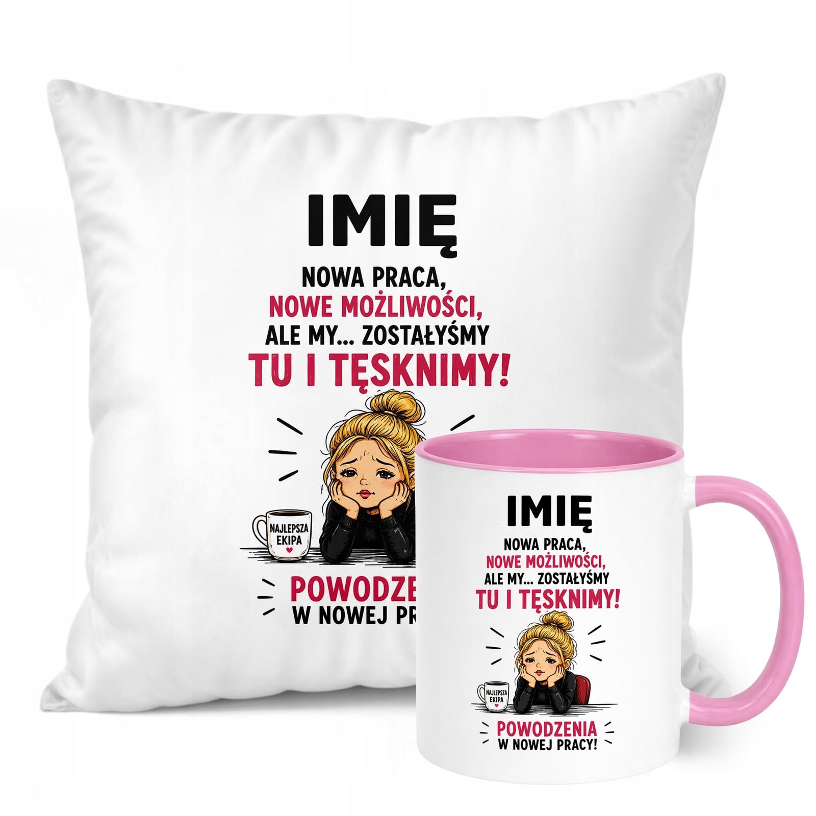 Zestaw Personalizowany Kubek Różowy Poduszka Odejście z Pracy Prezent