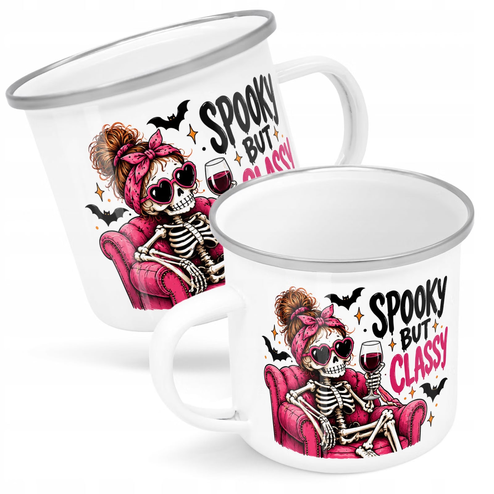 Kubek Emaliowany Halloween Spooky But Classy z Nadrukiem Biały Metalowy