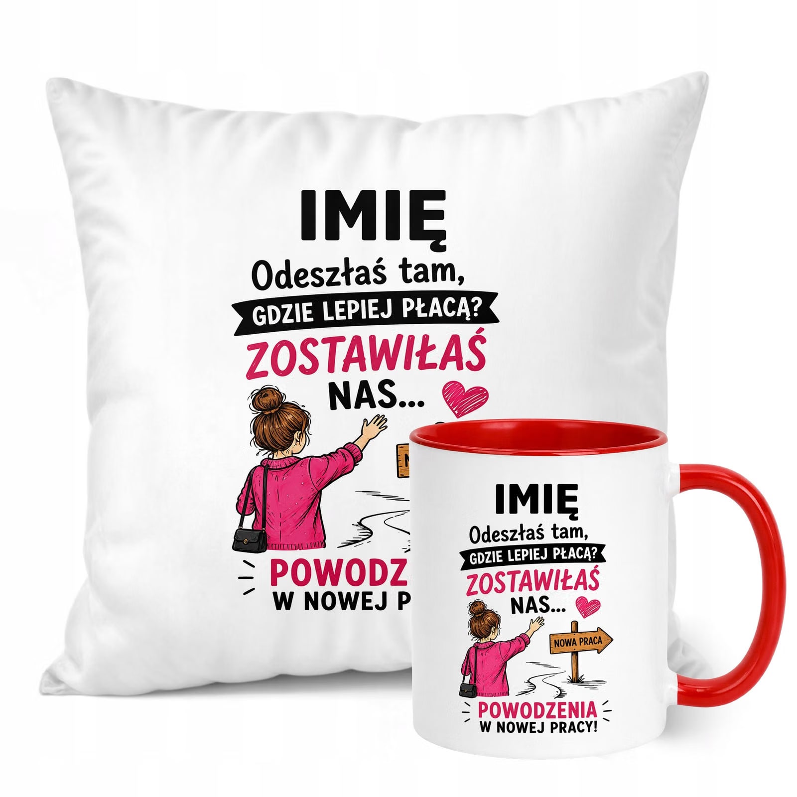 Zestaw Personalizowany Kubek Czerwony Poduszka Odejście z Pracy Prezent