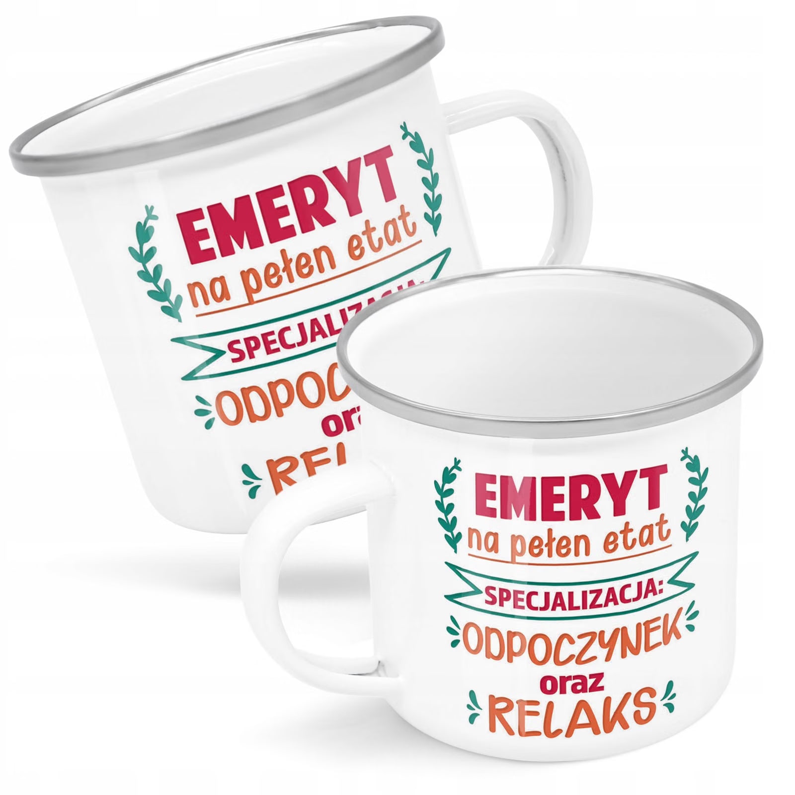Kubek Emaliowany z okazji Emerytury Dla Emeryta z Nadrukiem Biały Metalowy