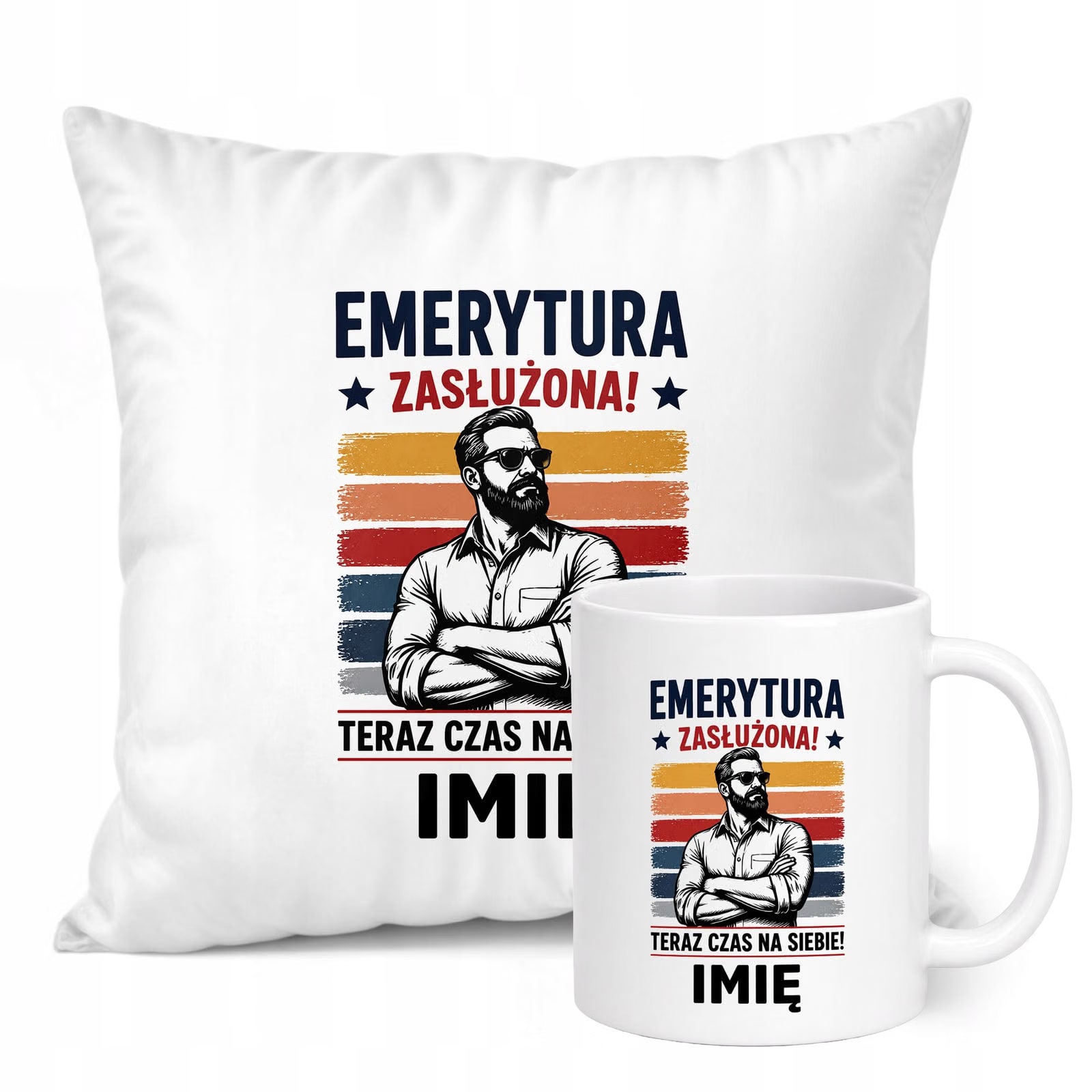 Zestaw Personalizowany Kubek Biały Poduszka Emerytura Dla Emeryta Prezent
