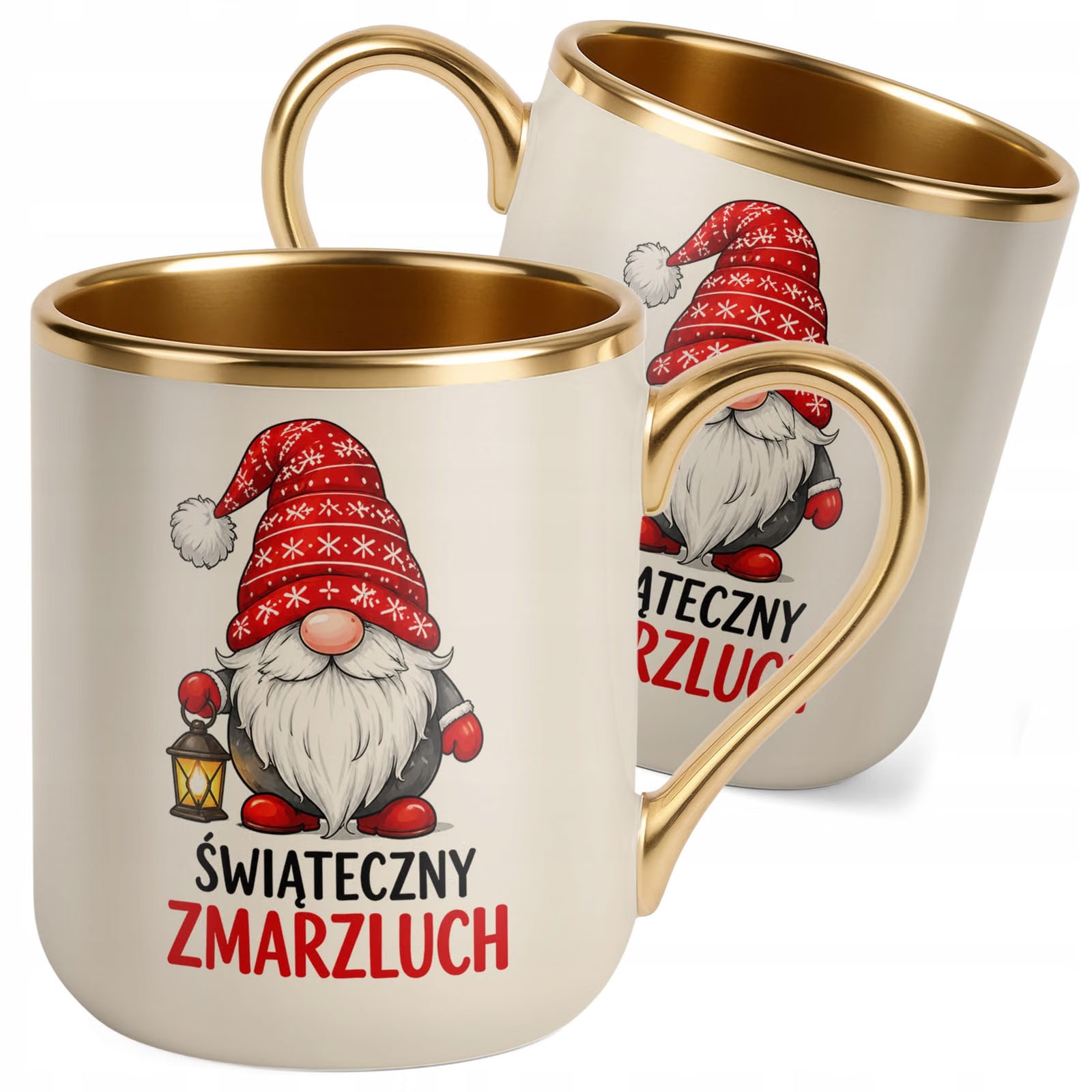 Kubek Premium Złoty Ecru Boże Narodzenie Mikołajki Święta Skrzat Prezent