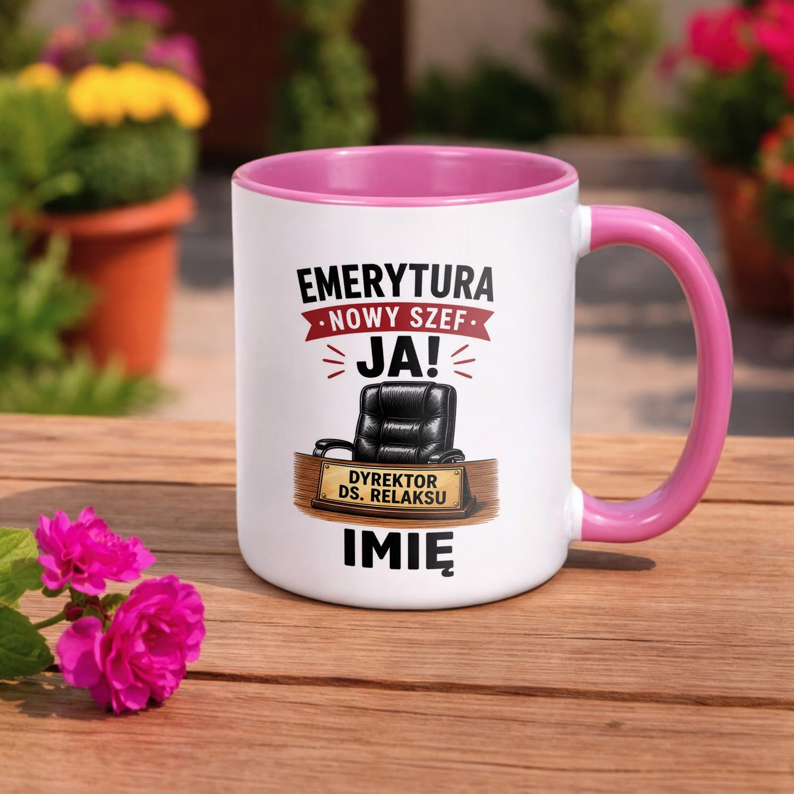 Kubek Różowy Personalizowany z Nadrukiem Emerytura Dla Emeryta Prezent