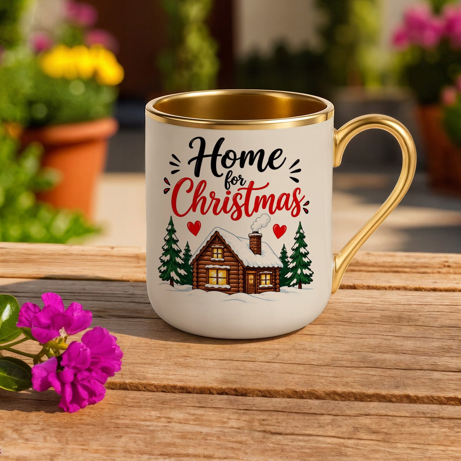 Kubek Premium Złoty Ecru Boże Narodzenie Mikołajki Home For Christmas
