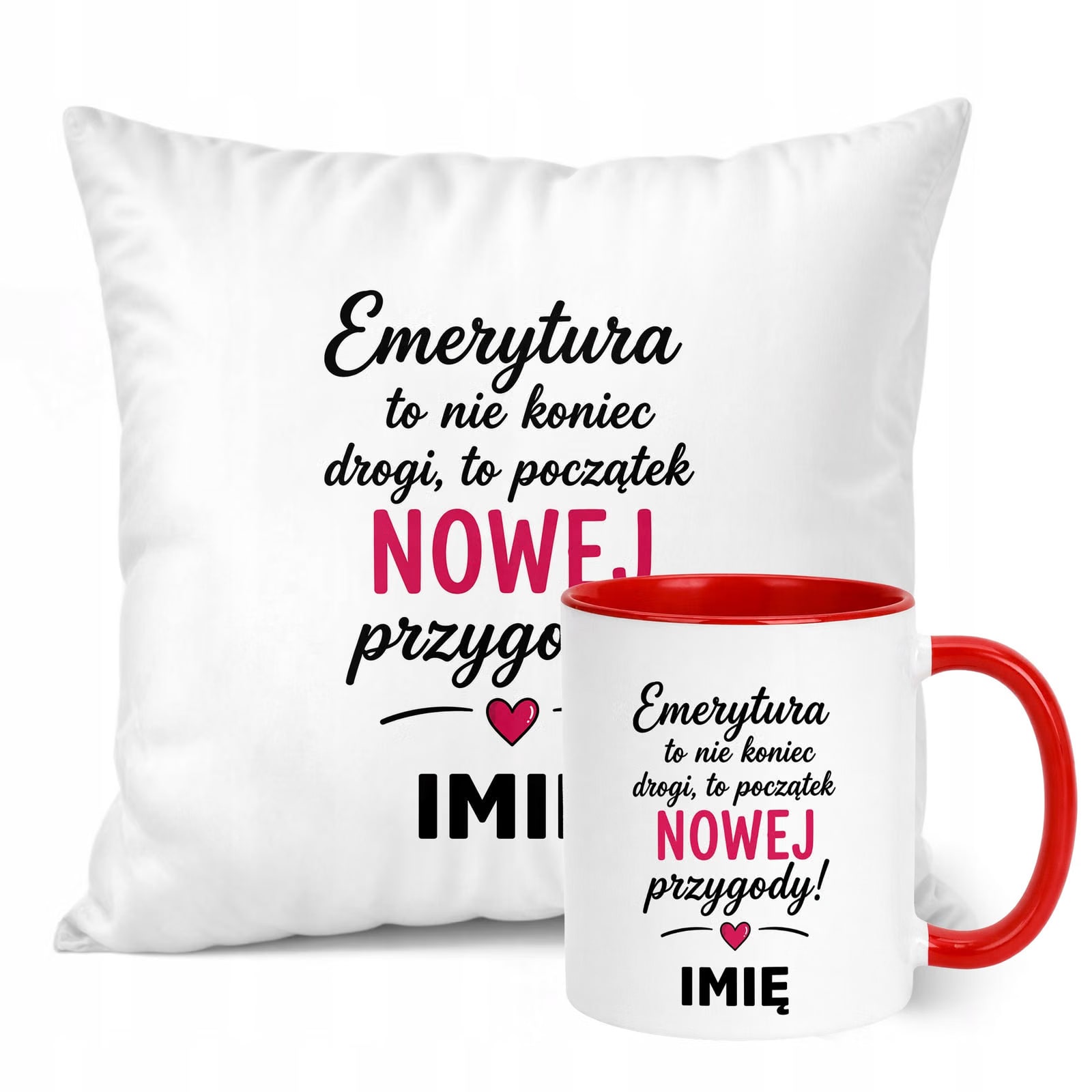 Zestaw Personalizowany Kubek Czerwony Poduszka Emerytura Upominek Prezent