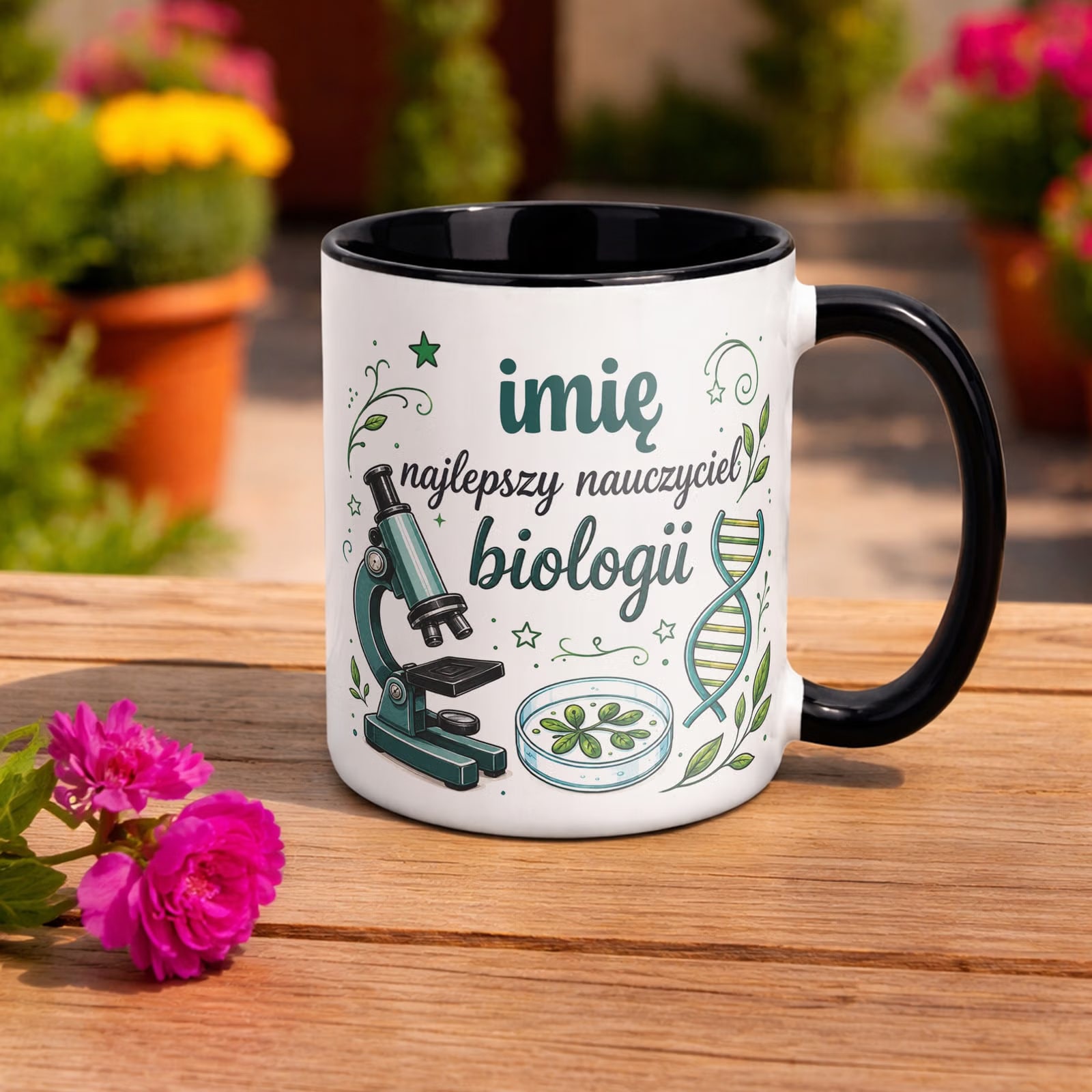 Kubek Czarny z Imieniem Dzień Nauczyciela Biologia Prezent