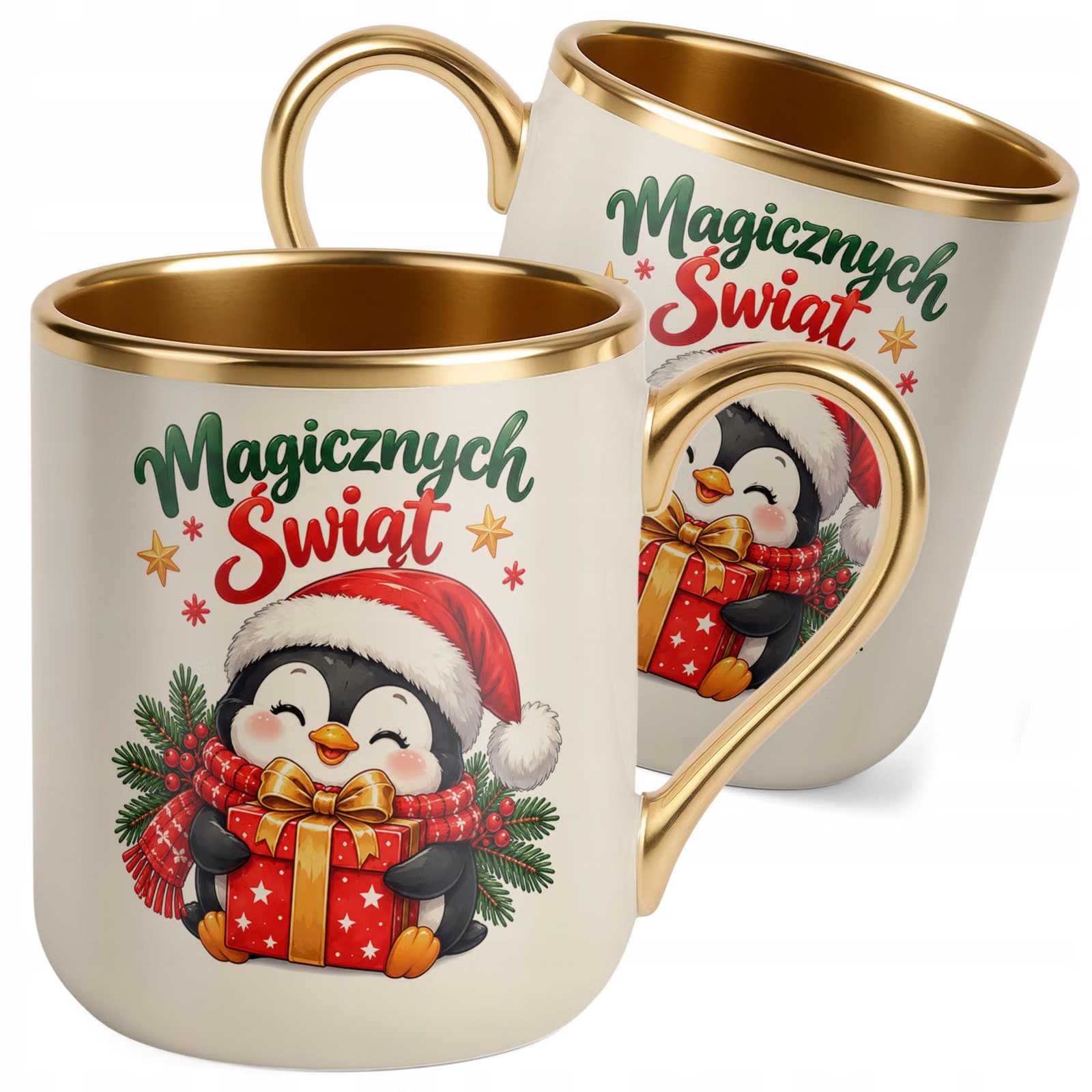 Kubek Premium Złoty Ecru Boże Narodzenie Mikołajki Święta Pingwin Prezent