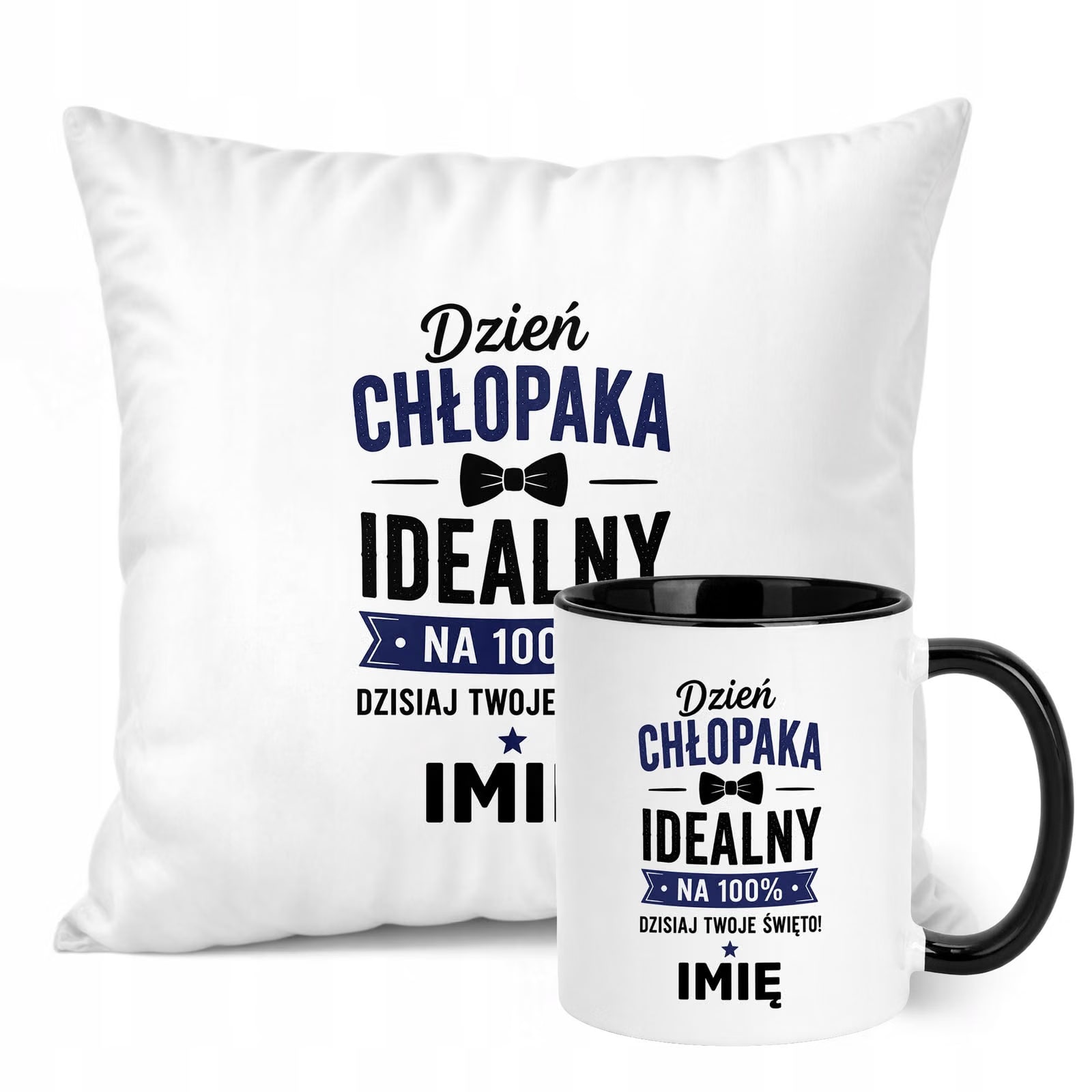 Zestaw Personalizowany Kubek Czarny Poduszka Dzień Chłopaka Z Nadrukiem