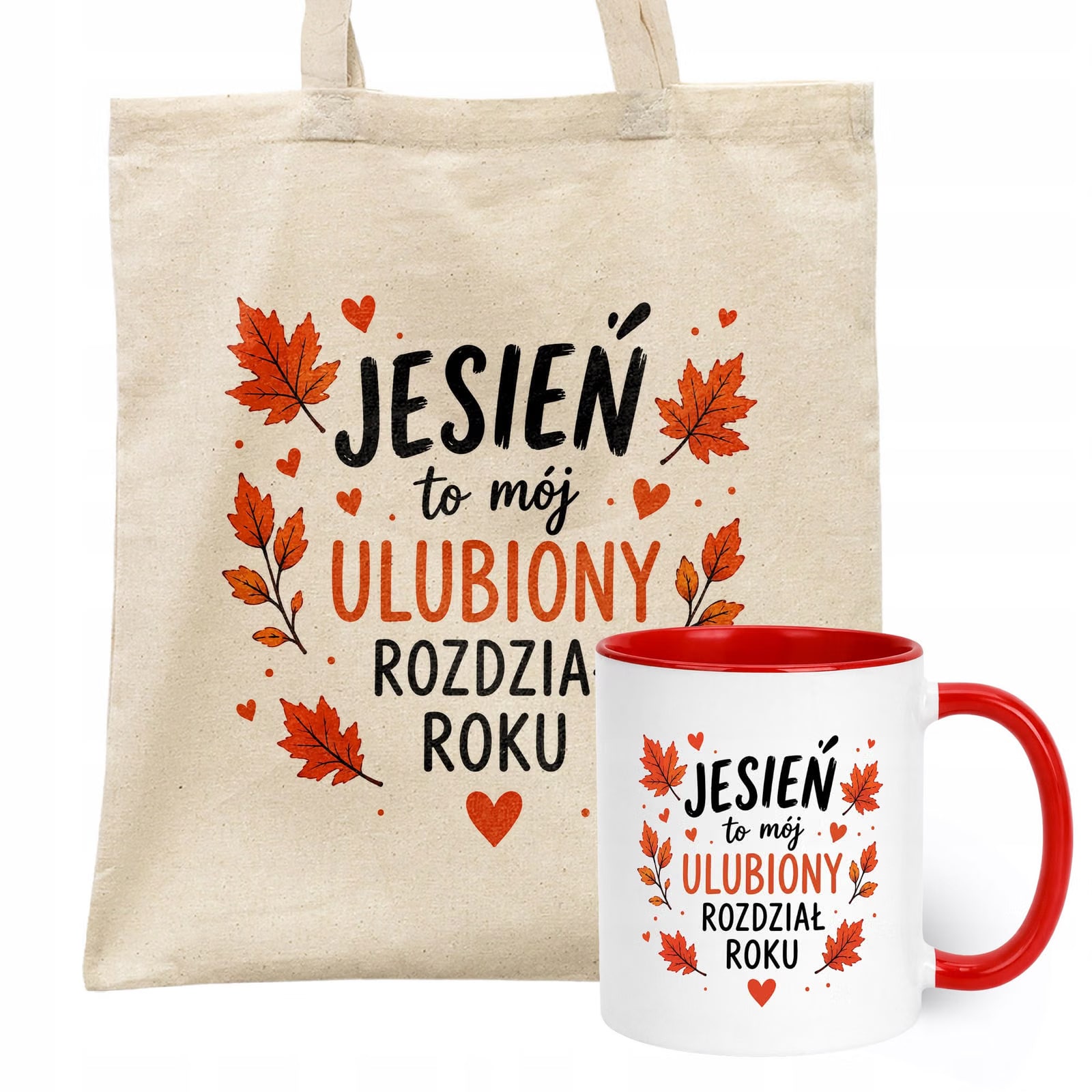 Zestaw Kubek Czerwony Torba Shopper Ecru Z Nadrukiem Jesień Jesienny
