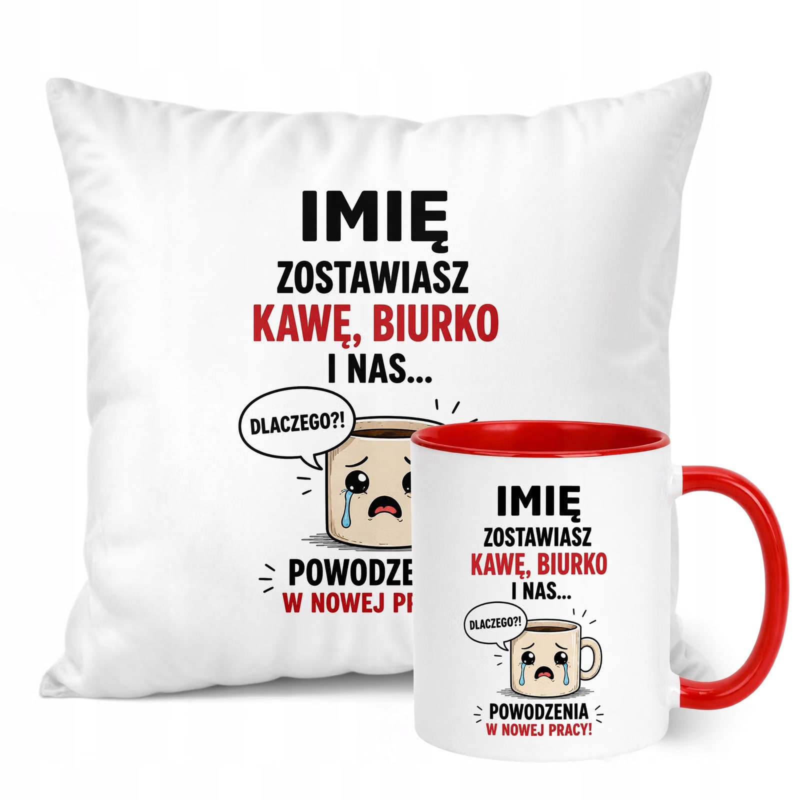 Zestaw Personalizowany Kubek Czerwony Poduszka Odejście z Pracy Prezent