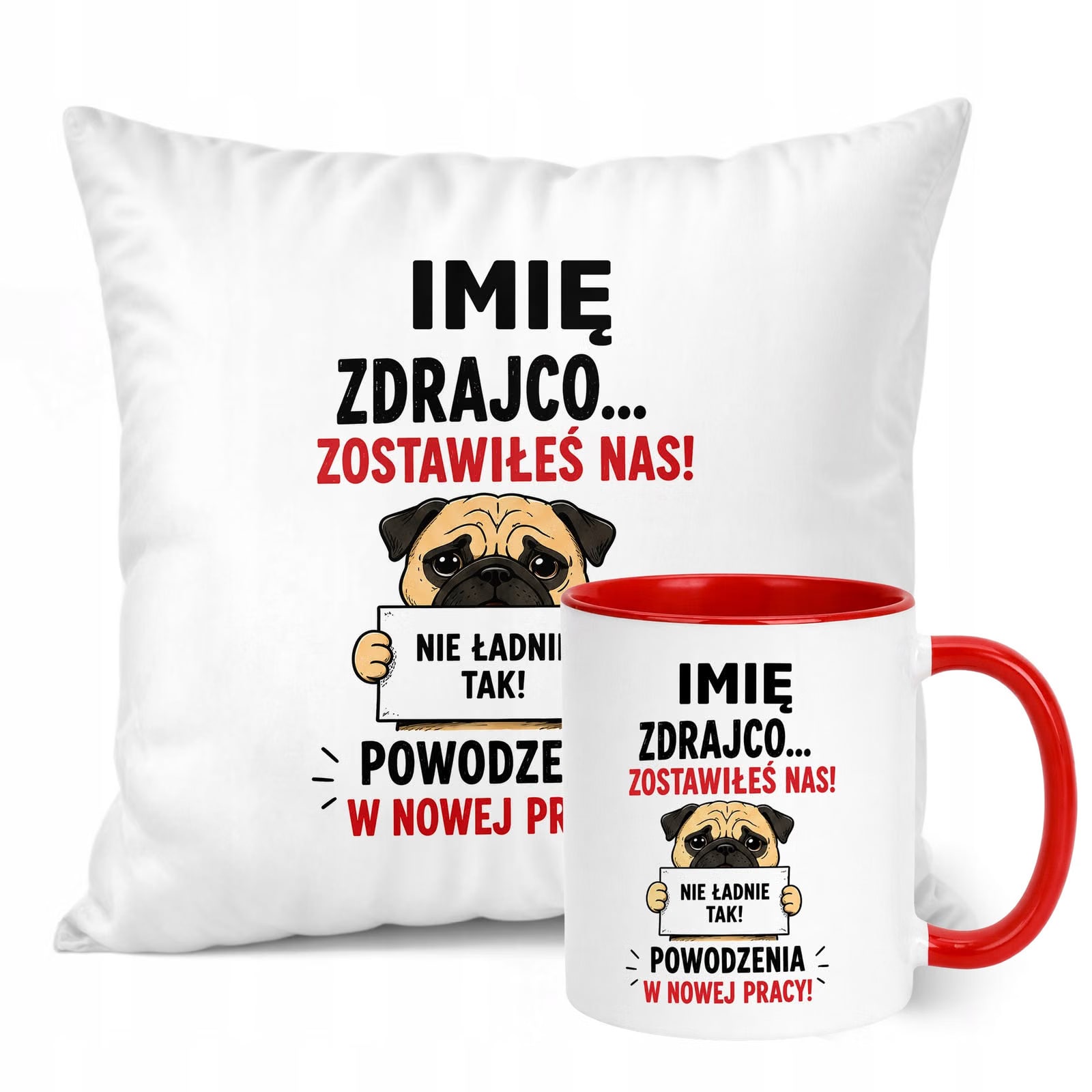 Zestaw Personalizowany Kubek Czerwony Poduszka Odejście z Pracy Prezent