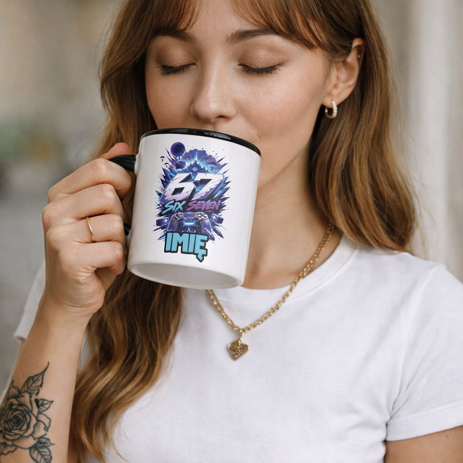 Zestaw Personalizowany Kubek Czarny Poduszka 67 Six Seven Prezent