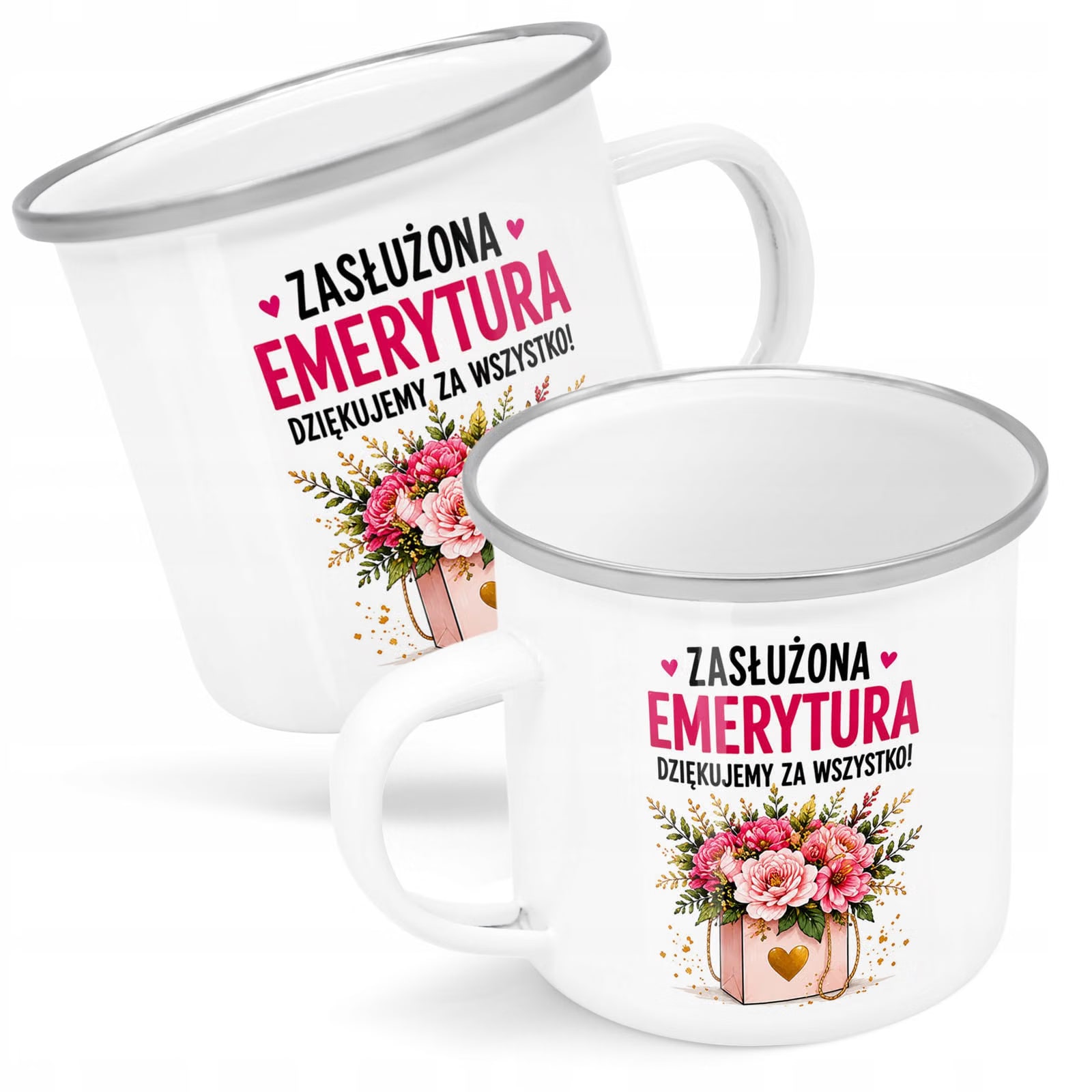 Kubek Emaliowany Emerytura Dla Emerytki z Nadrukiem Biały Metalowy Prezent