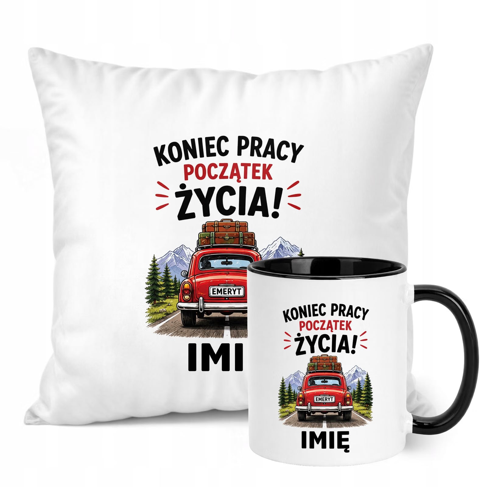 Zestaw Personalizowany Kubek Czarny Poduszka Emerytura Upominek Prezent