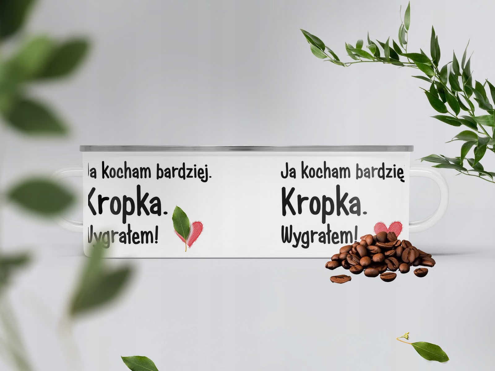 Kubek Emaliowany Walentynki Ja Kocham Bardziej z Nadrukiem Biały Metalowy