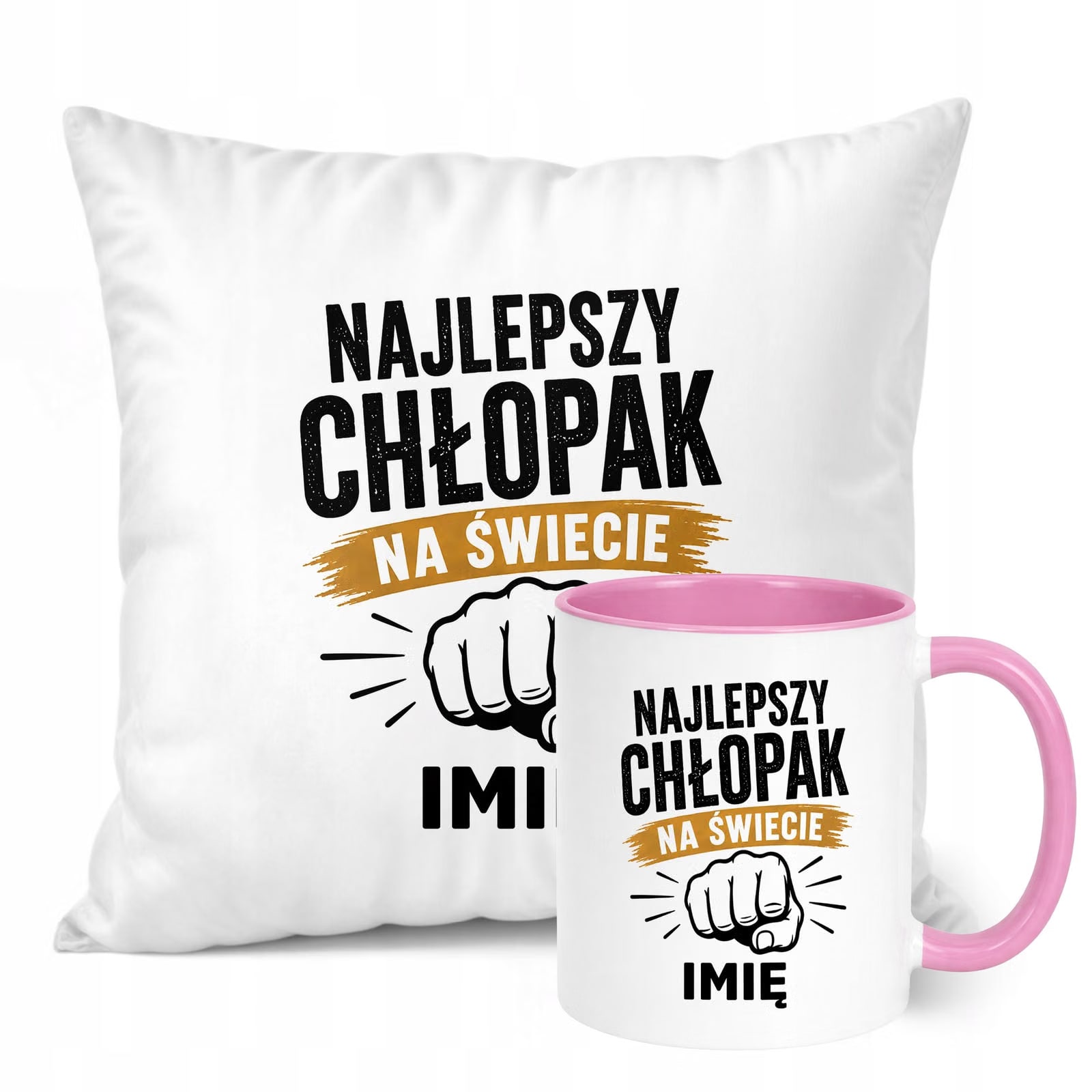 Zestaw Personalizowany Kubek Różowy Poduszka Dzień Chłopaka Z Nadrukiem