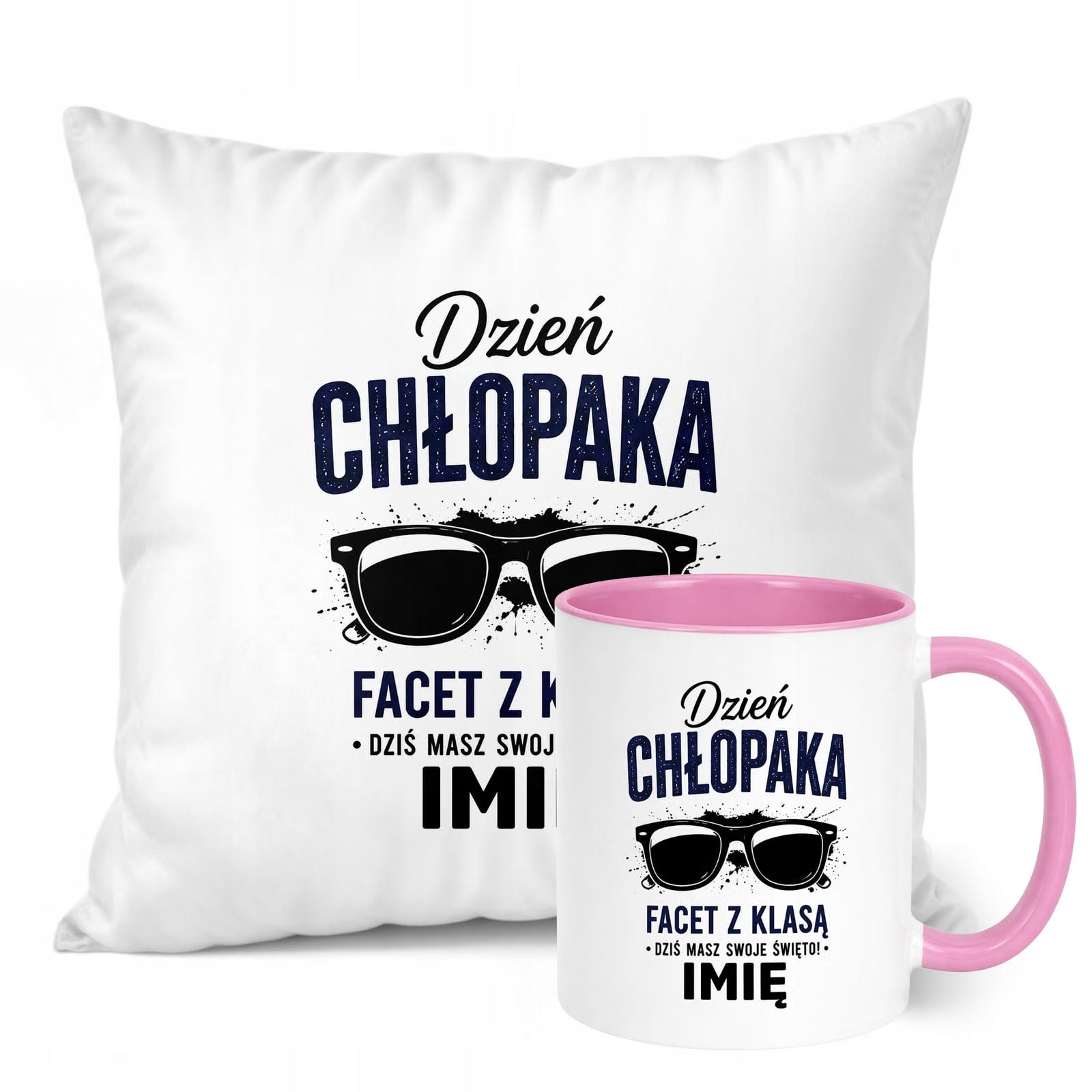 Zestaw Personalizowany Kubek Różowy Poduszka Dzień Chłopaka Z Nadrukiem