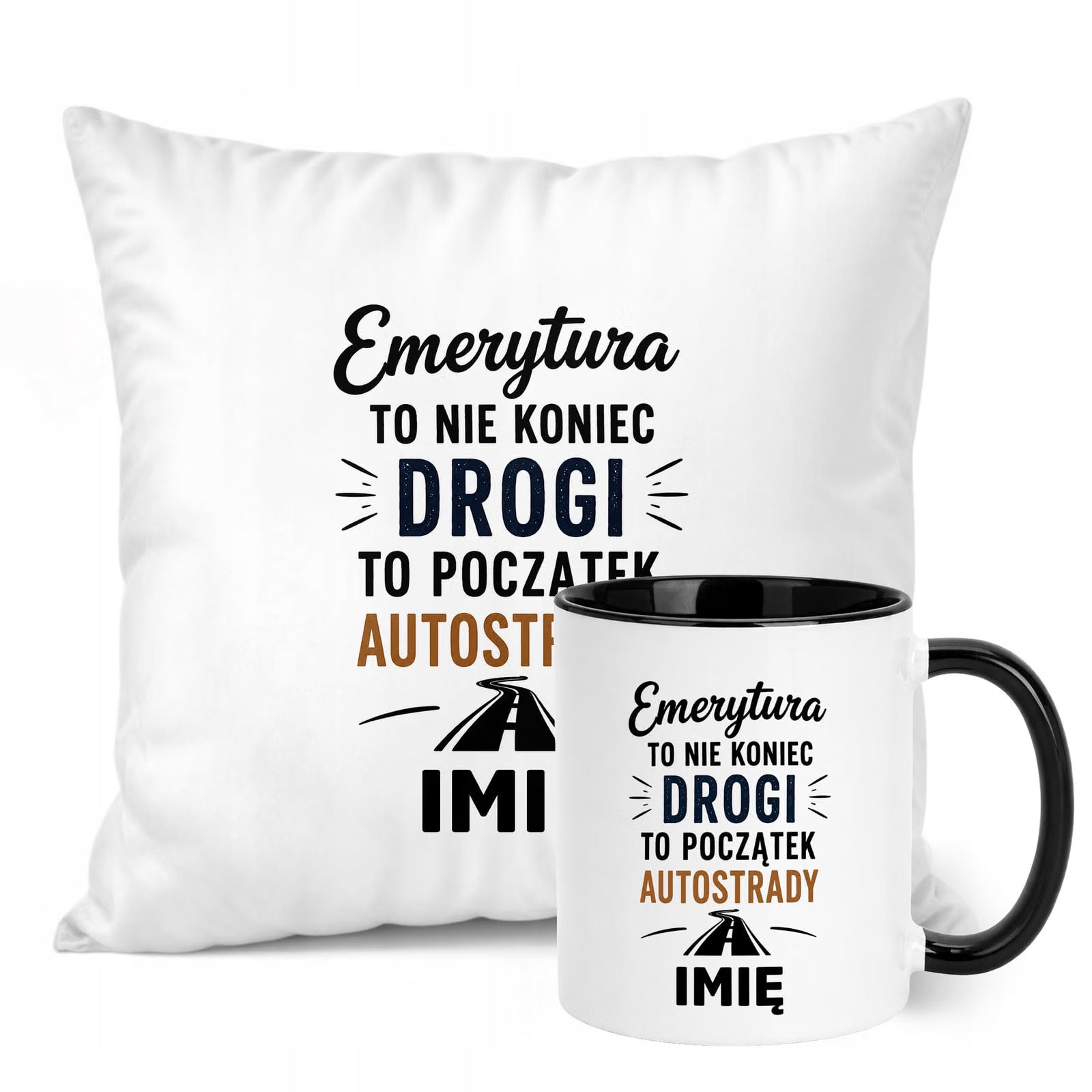 Zestaw Personalizowany Kubek Czarny Poduszka Emerytura Upominek Prezent