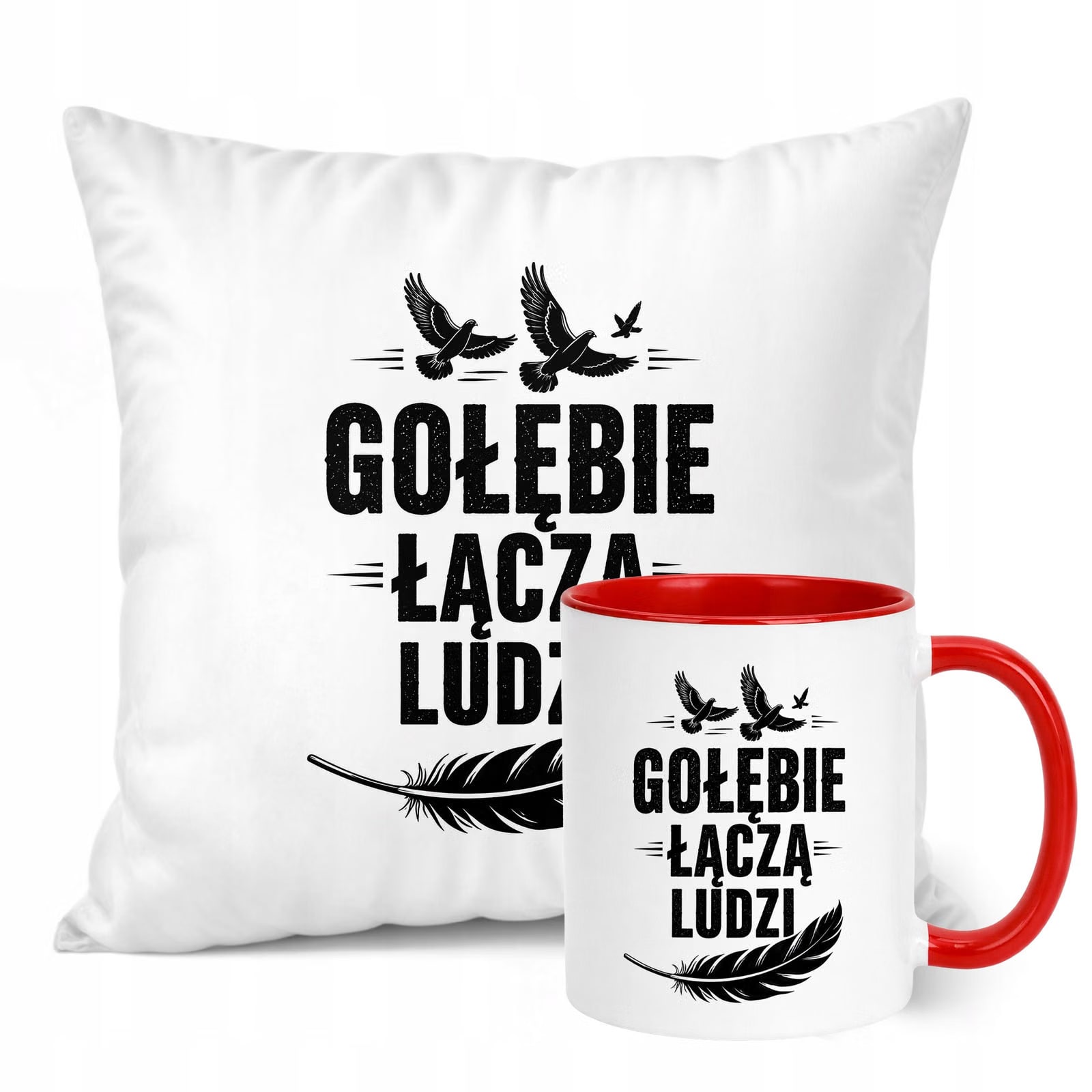 Zestaw Kubek Czerwony Poduszka Z Nadrukiem Dla Gołębiarza Prezent