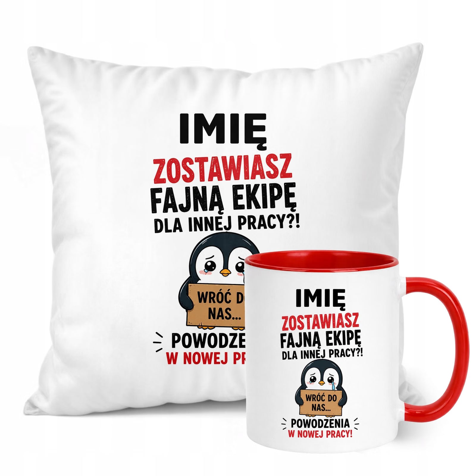 Zestaw Personalizowany Kubek Czerwony Poduszka Odejście z Pracy Prezent