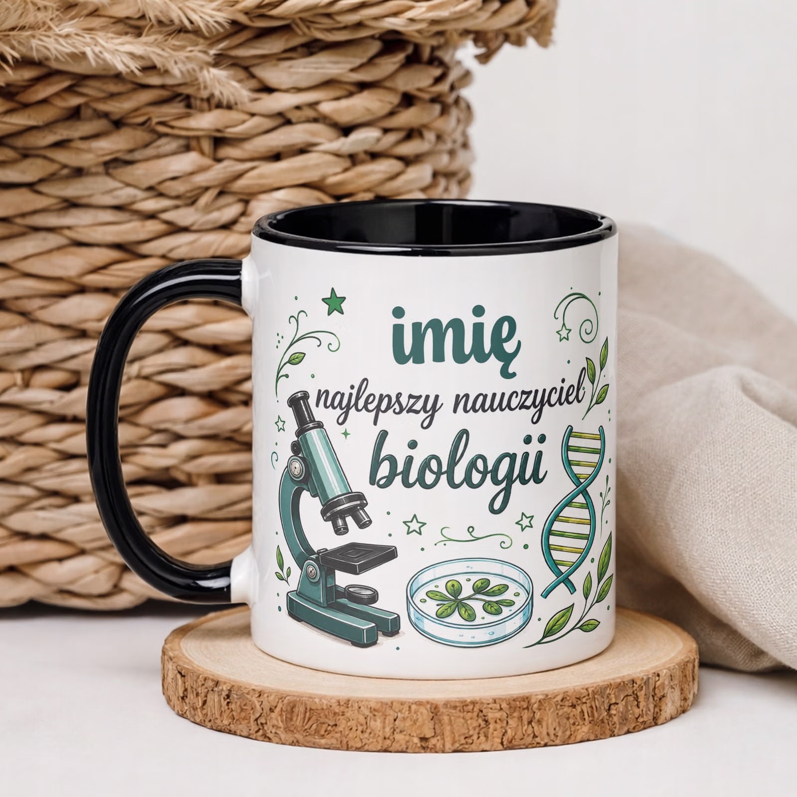 Kubek Czarny z Imieniem Dzień Nauczyciela Biologia Prezent
