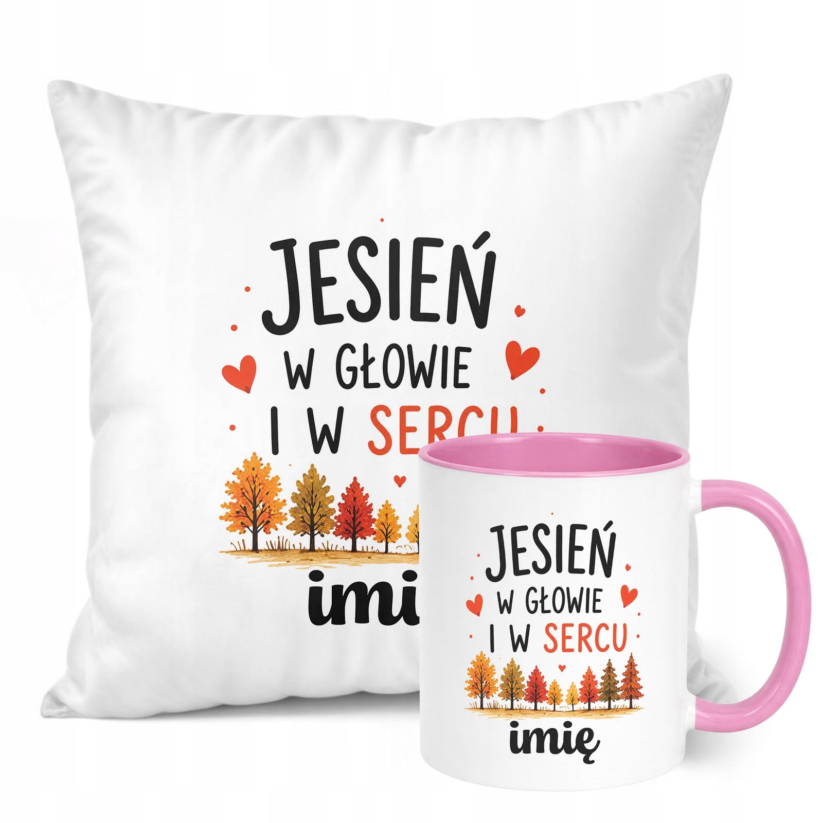 Zestaw Personalizowany Kubek Różowy Poduszka Jesień Jesienny Z Nadrukiem