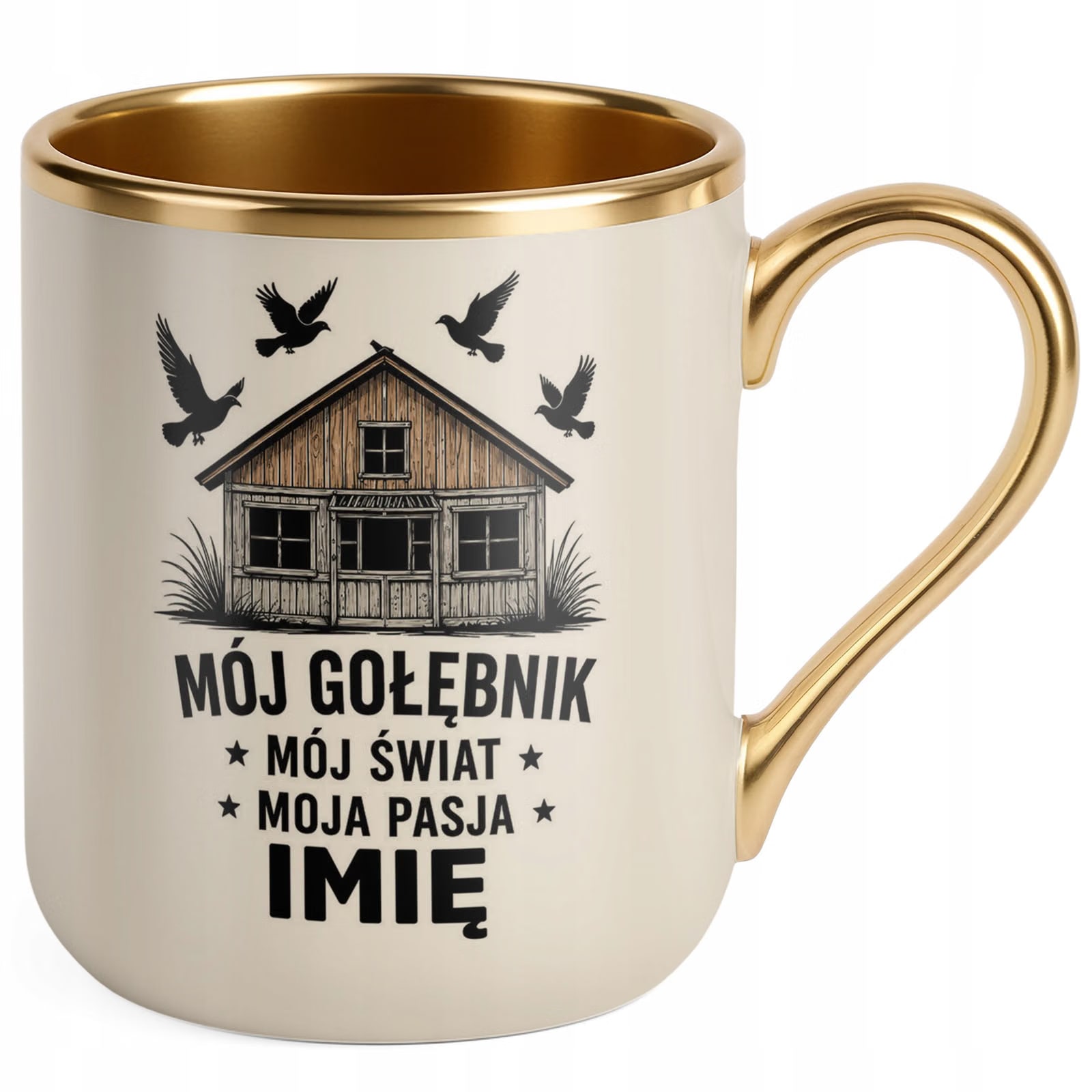 Kubek Personalizowany z nadrukiem Premium Złoty Ecru Dla Gołębiarza Prezent
