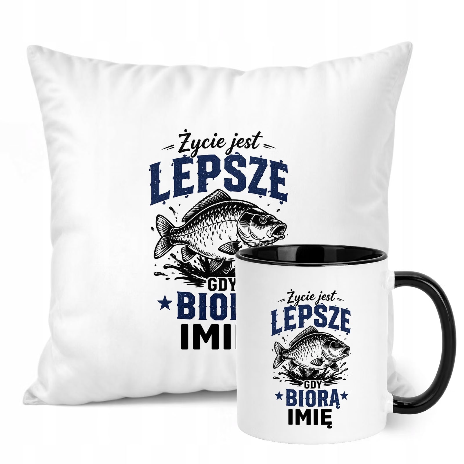 Zestaw Personalizowany Kubek Czarny Poduszka Z Nadrukiem Dla Wędkarza