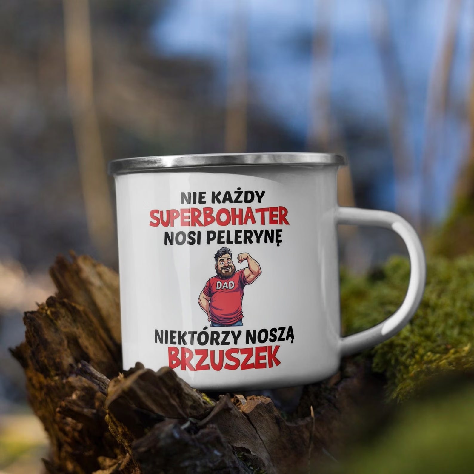 Kubek Emaliowany Dzień Ojca Dla Taty Nie Każdy z Nadrukiem Biały Metalowy