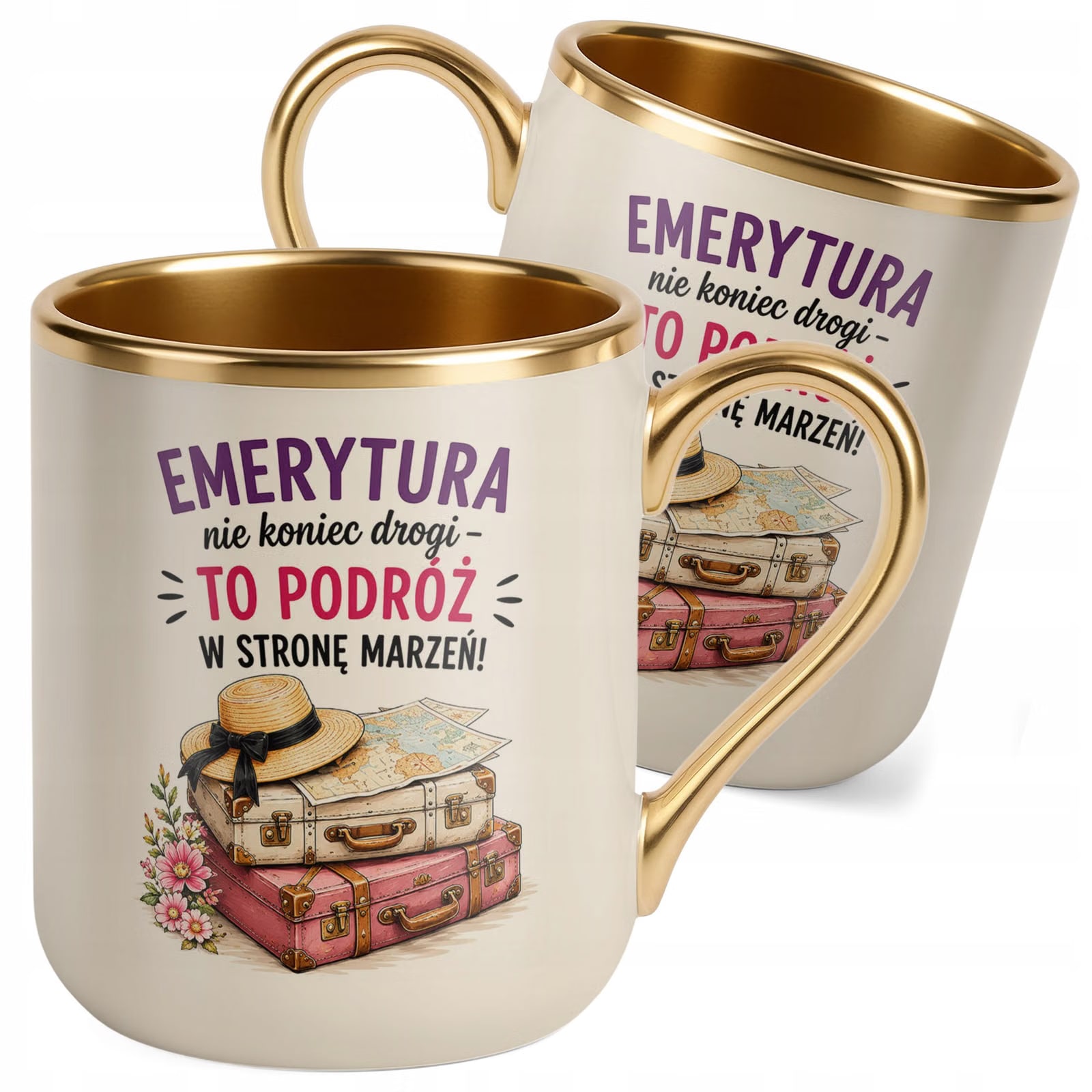 Kubek z nadrukiem Premium Złoty Ecru Emerytura Dla Emerytki Prezent