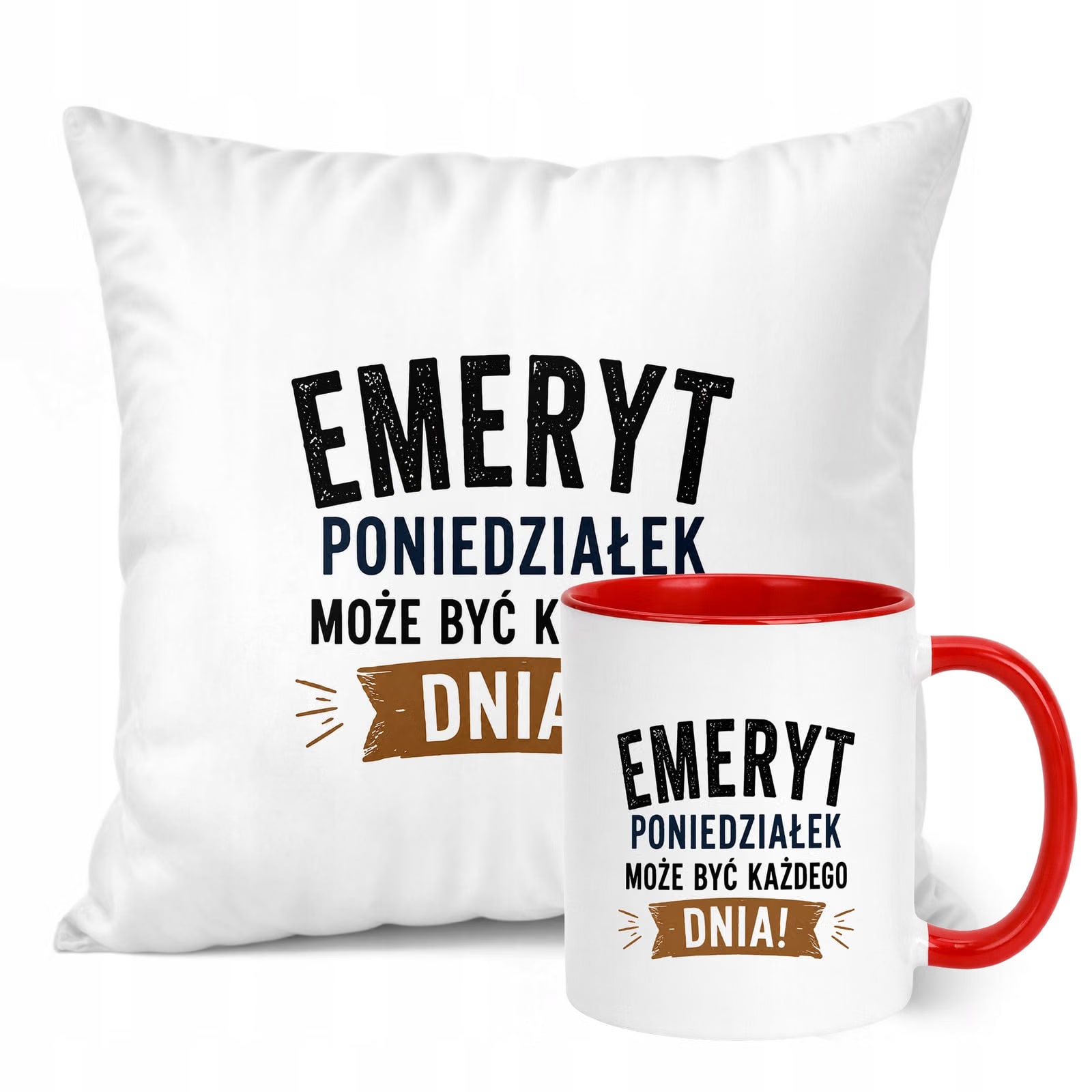 Zestaw Kubek Czerwony Poduszka Z Nadrukiem Emerytura Dla Emeryta Prezent