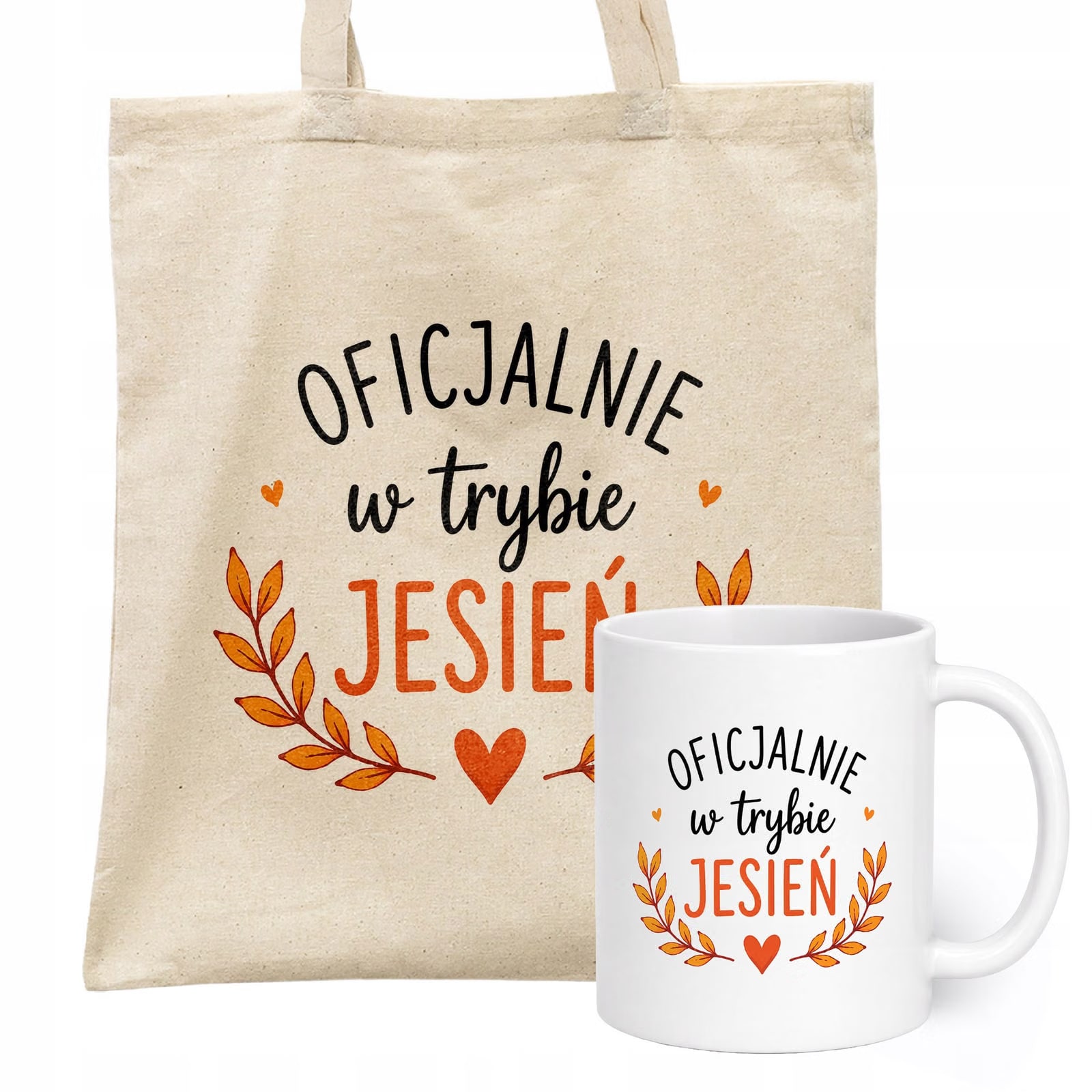 Zestaw Kubek Biały Torba Shopper Ecru Z Nadrukiem Jesień Jesienny Prezent