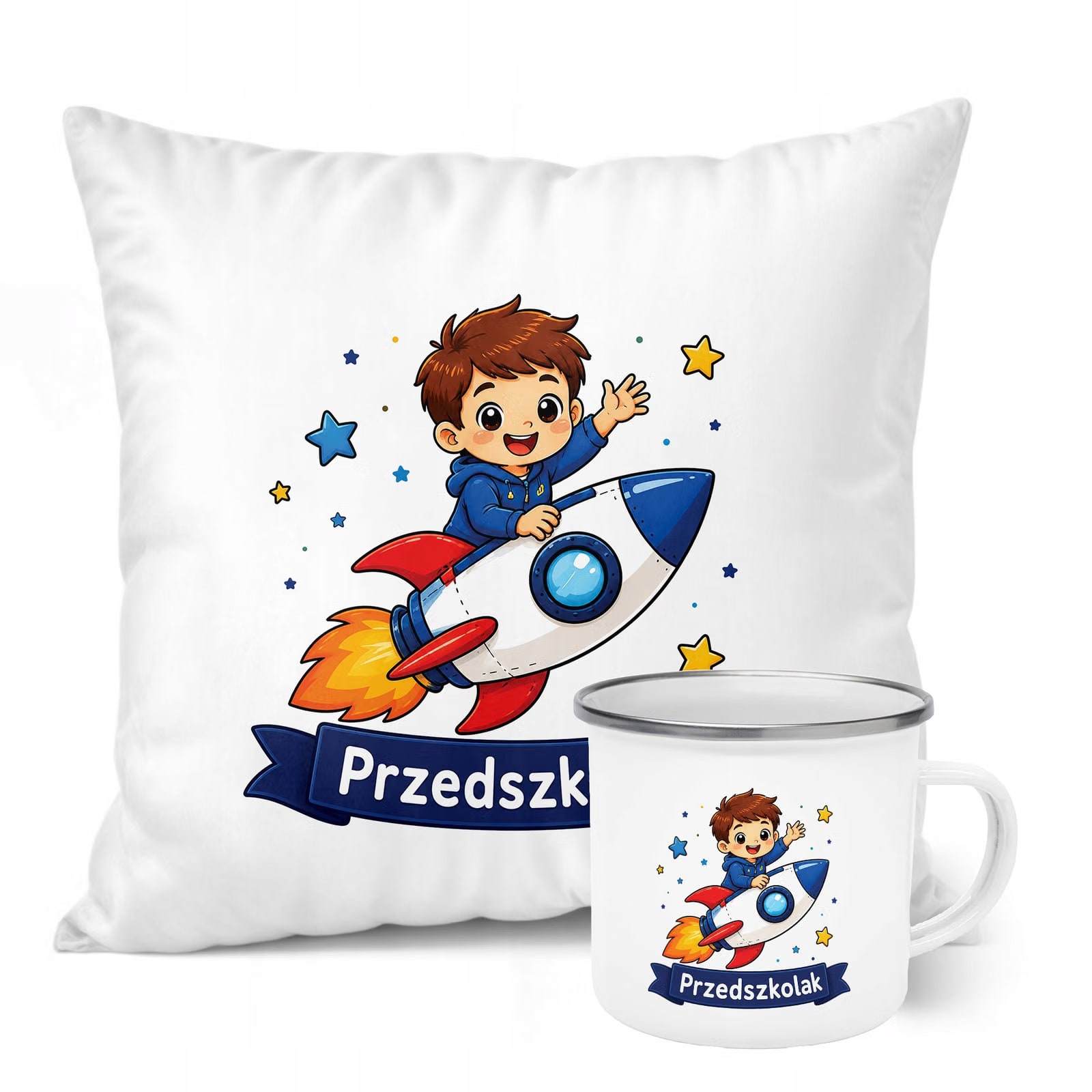 Zestaw Kubek Emaliowany Poduszka Z Nadrukiem Przedszkolak Szkoła Prezent