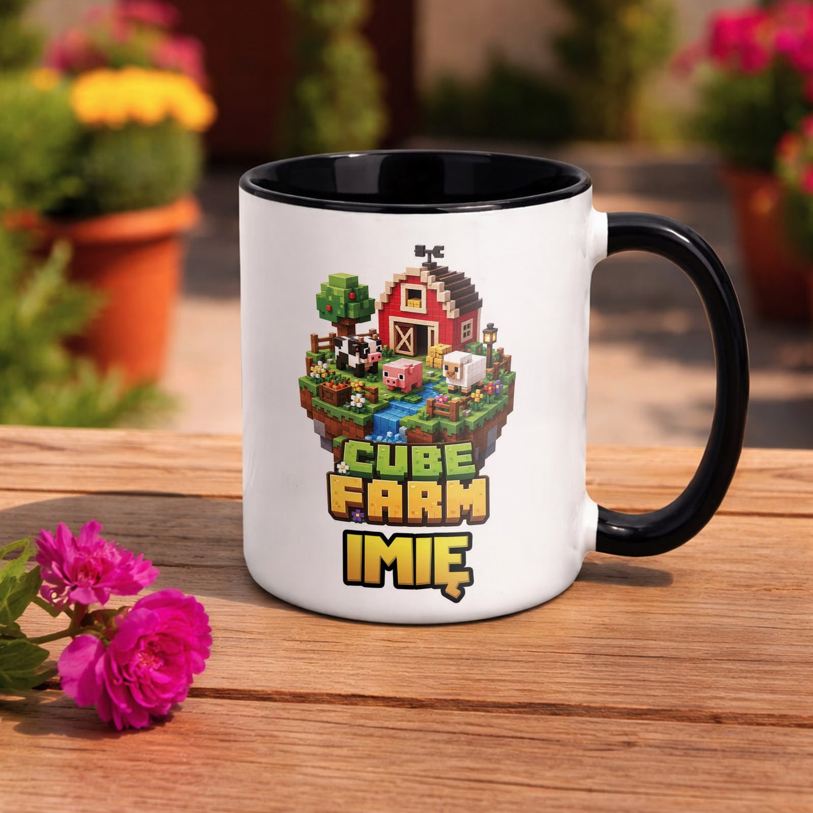 Kubek Czarny z nadrukiem personalizowany CUBE FARM Dla Dzieci Prezent