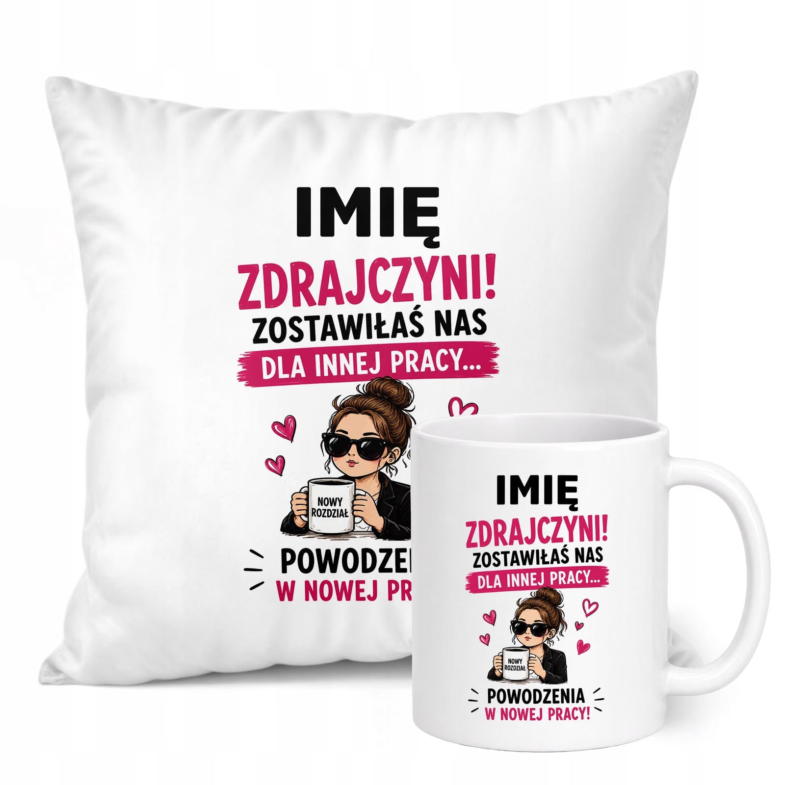 Zestaw Personalizowany Kubek Biały Poduszka Odejście z Pracy Prezent