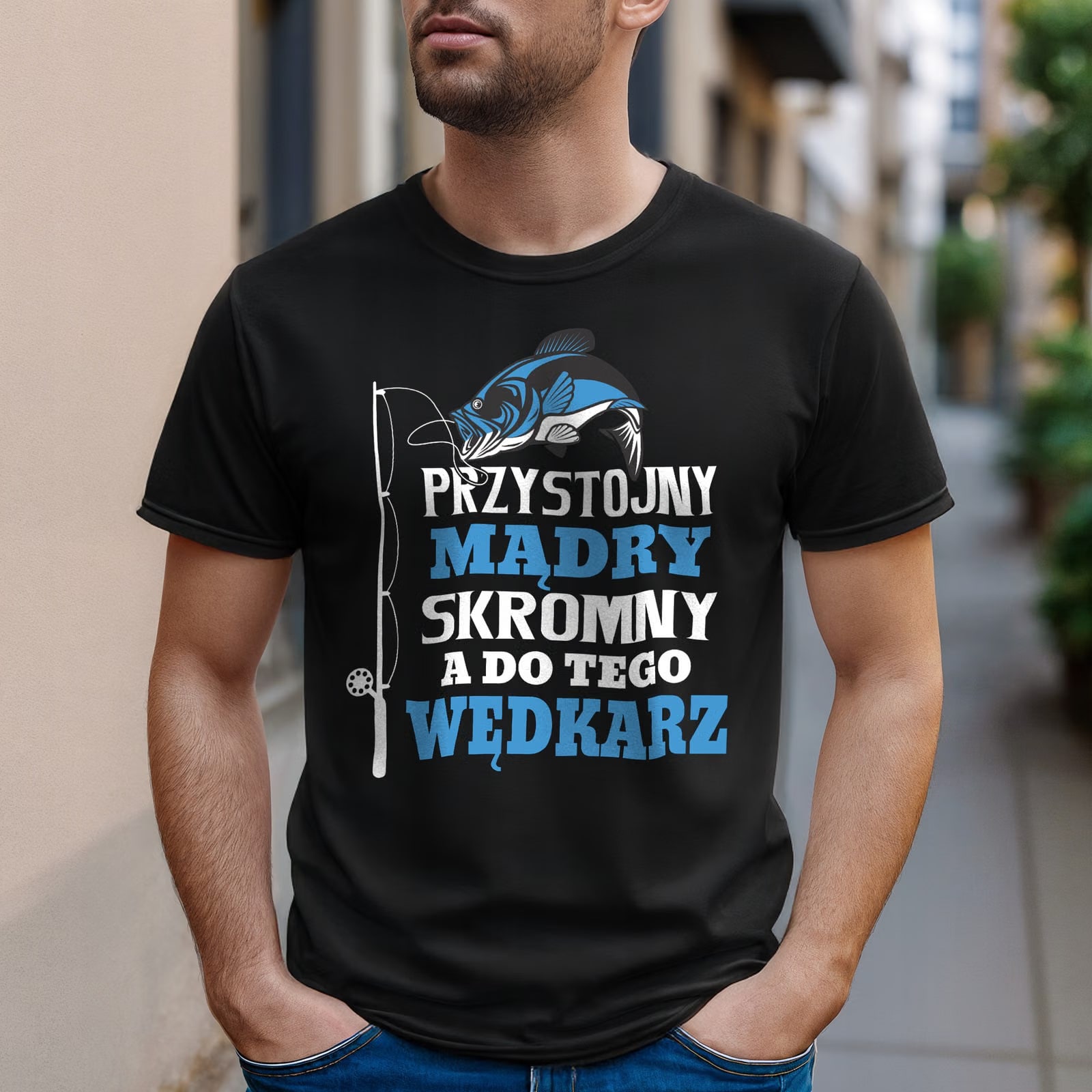 Koszulka czarna męska Dla Wędkarza Wędkowanie Ryby Prezent