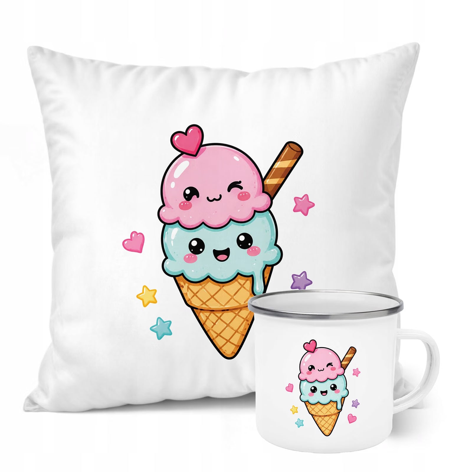 Zestaw Kubek Emaliowany Poduszka Z Nadrukiem Kawaii Lody Prezent