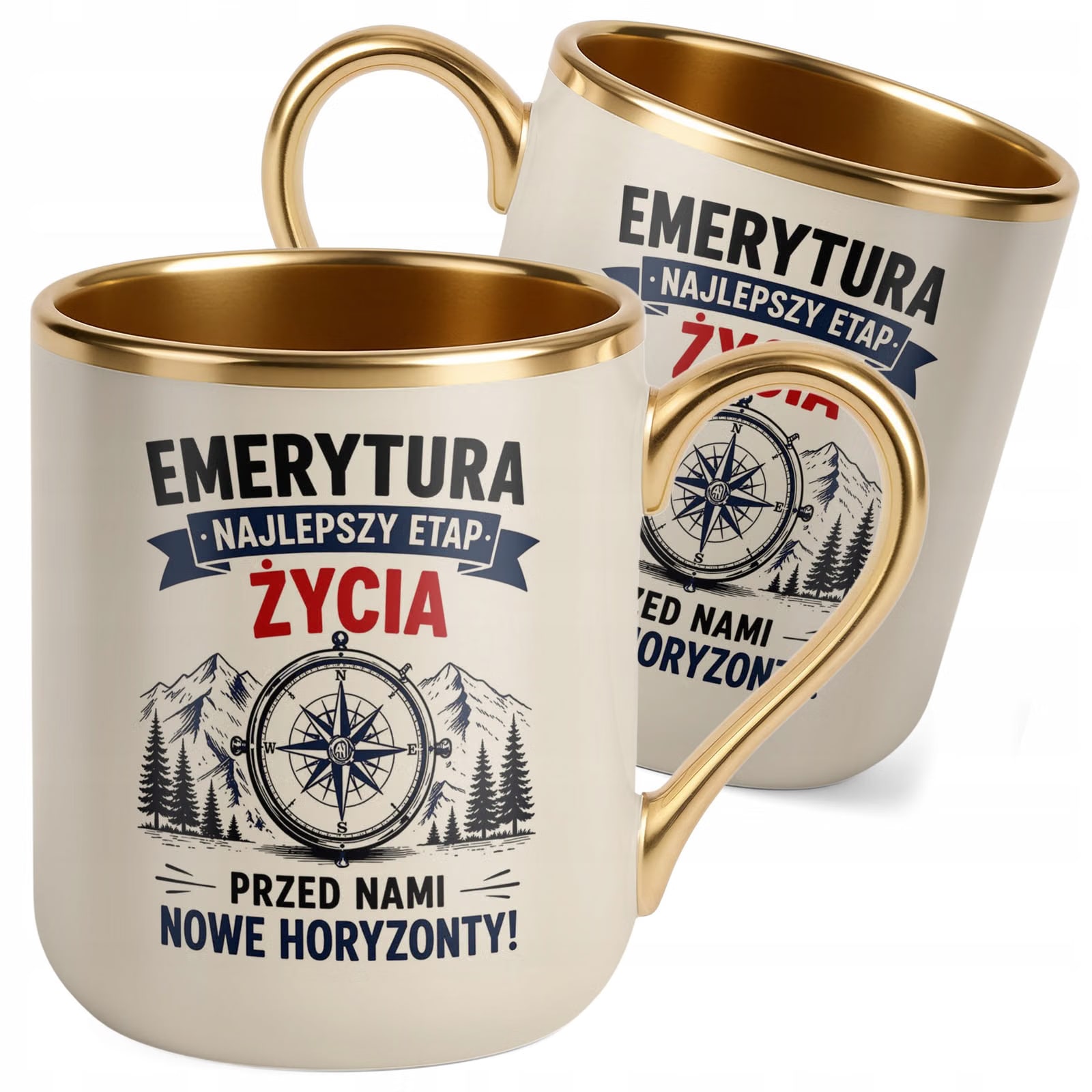 Kubek z nadrukiem Premium Złoty Ecru Emerytura Dla Emeryta Prezent