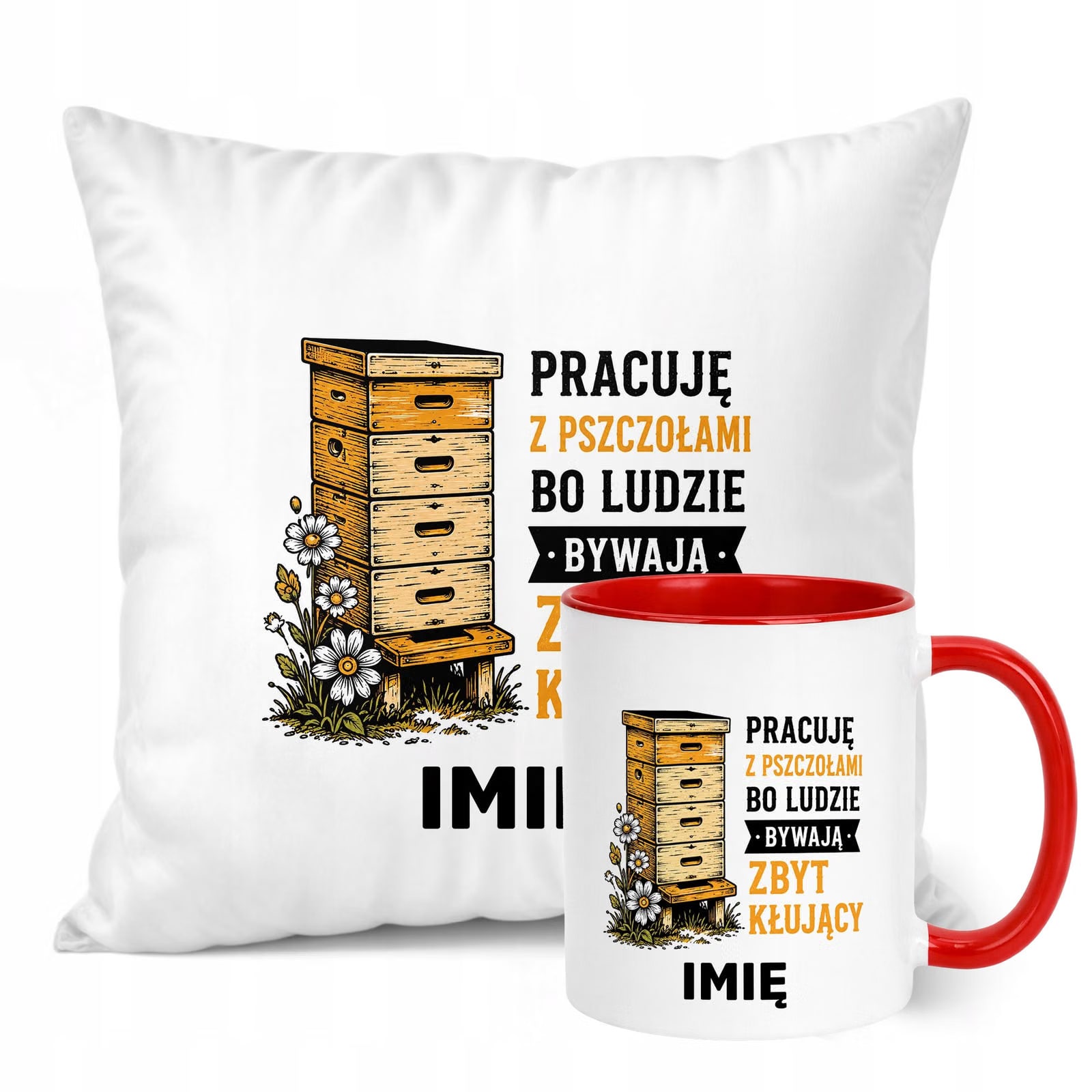 Zestaw Personalizowany Kubek Czerwony Poduszka Z Nadrukiem Dla Pszczelarza