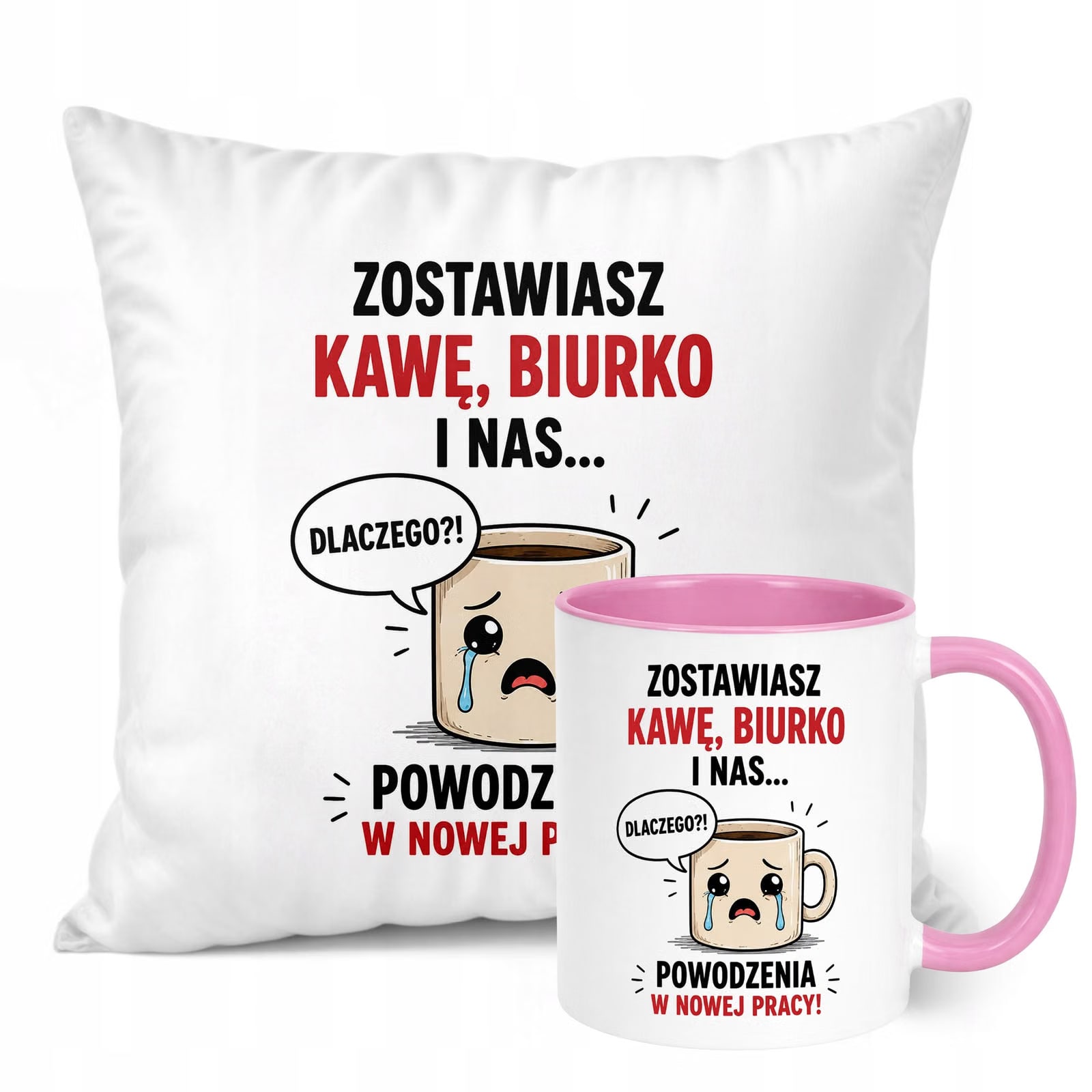 Zestaw Kubek Różowy Poduszka Z Nadrukiem Odejście z Pracy Prezent
