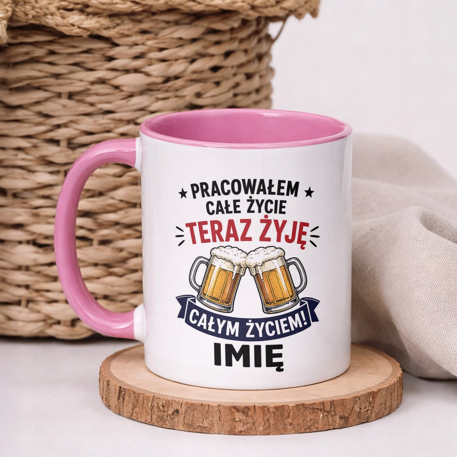 Kubek Różowy Personalizowany z Nadrukiem Emerytura Dla Emeryta Prezent