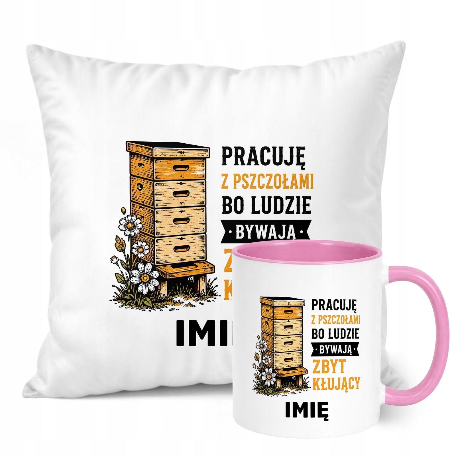 Zestaw Personalizowany Kubek Różowy Poduszka Z Nadrukiem Dla Pszczelarza