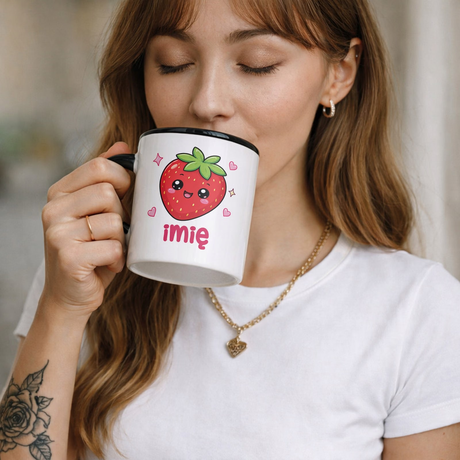 Zestaw personalizowany Kubek Czarny Podkładka pod mysz Kawaii Truskawka