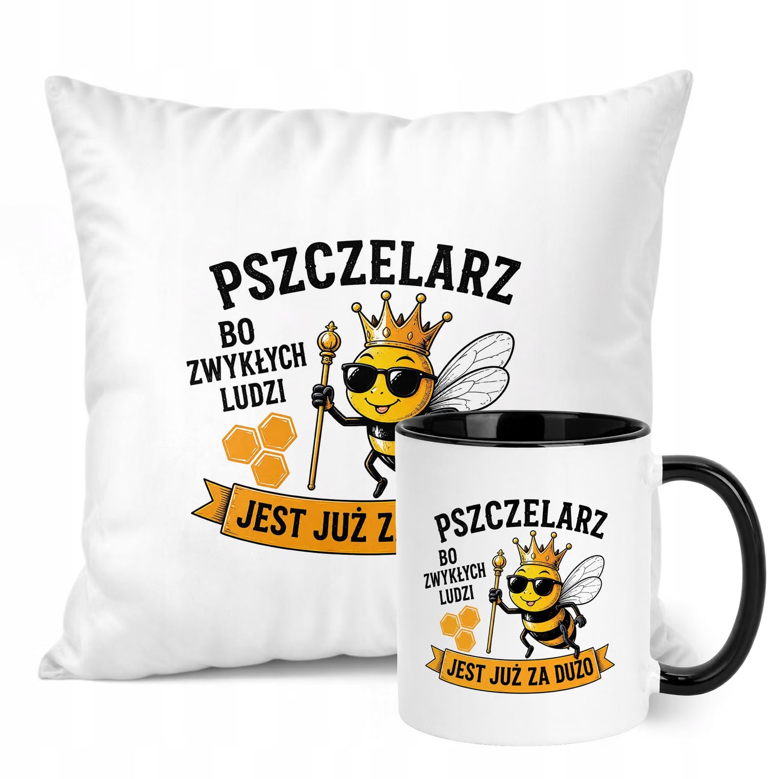 Zestaw Kubek Czarny Poduszka Z Nadrukiem Dla Pszczelarza Prezent